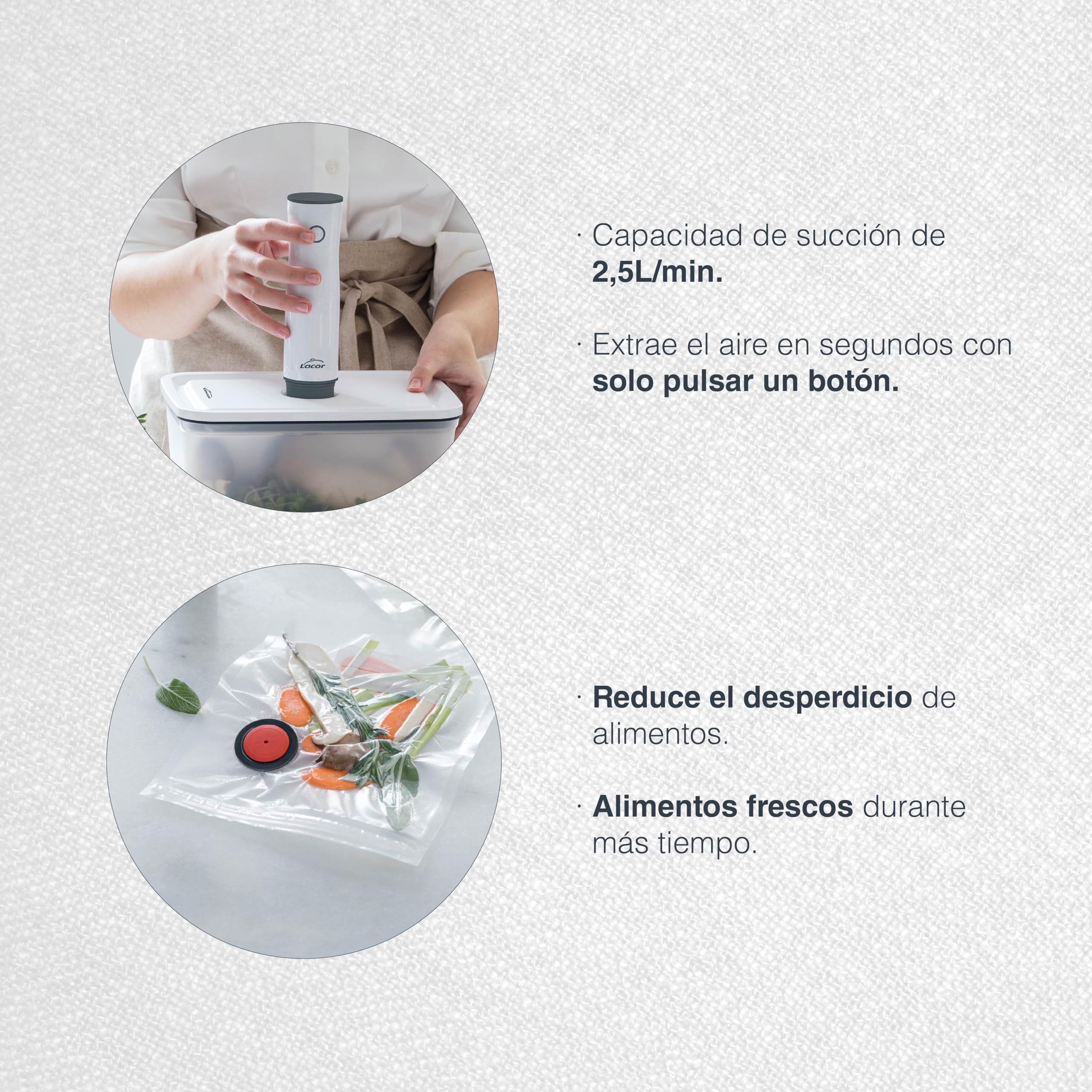 Lacor - 69690 - Bomba de Vacío Smart, Inalámbrica, Automática, Silenciosa, Succión 2.5L/min, Incluye Cable de Carga USB, Batería de Litio, Diseño Elegante y Moderno