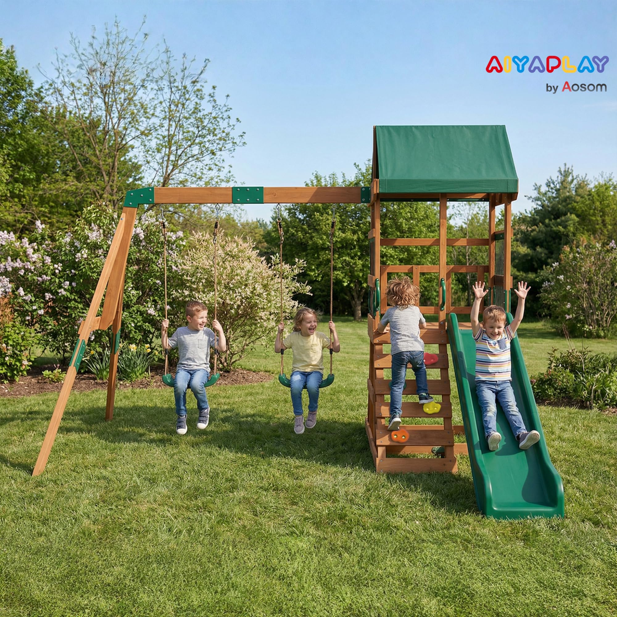 AIYAPLAY Spielturm mit 194,5cm Rutsche 2 Schaukeln für 3-8 315x284x233 cm | Kletterwand, Überdachtes Oberdeck, Outdoor Kinder Kletterturm, Aus Holz Spielhaus, Für Kinder von 3-8 Jahren