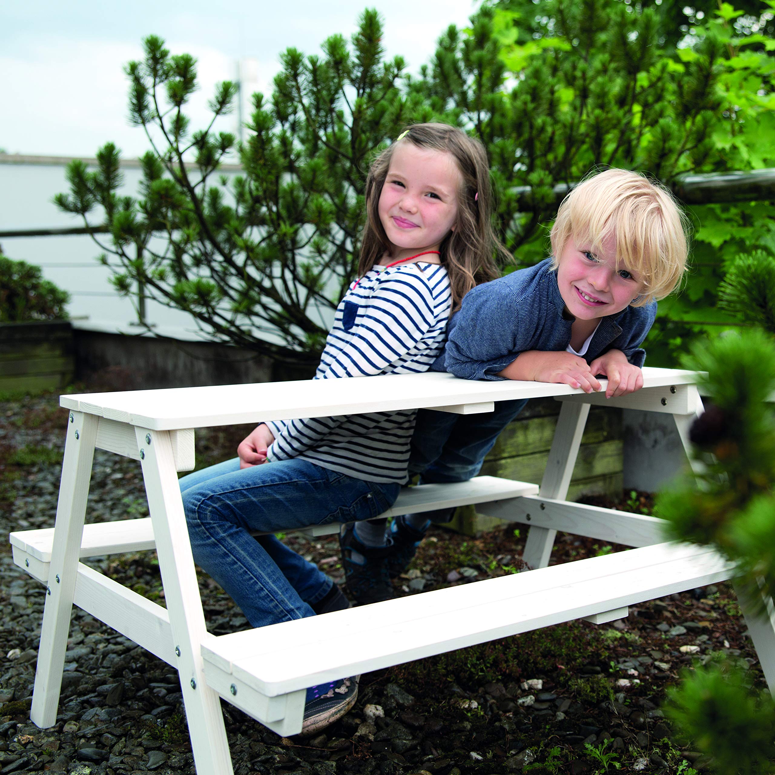 roba Ensemble de Table et Bancs avec Trou de Parasol Picnic for 4 Outdoor+ 4 Places - Bois Massif Résistant aux Intempéries - 89 x 85 cm - Supporte 100 Kg - Teinté Gris