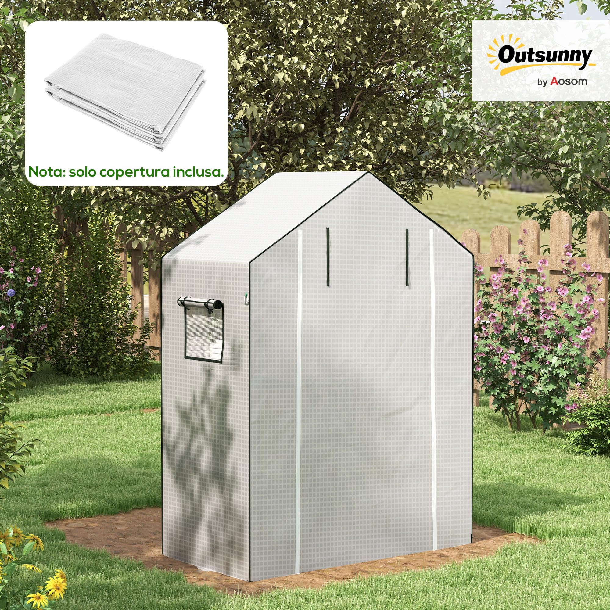 Outsunny Copertura per Serra in PE 1.4x0.73 m, Telo di Ricambio per Serra con Finestre, Porta Avvolgibile a Cerniera e Bordi Interrati, Protezione UV, per Agricoltura, Piante, Orti e Giardino, Bianco