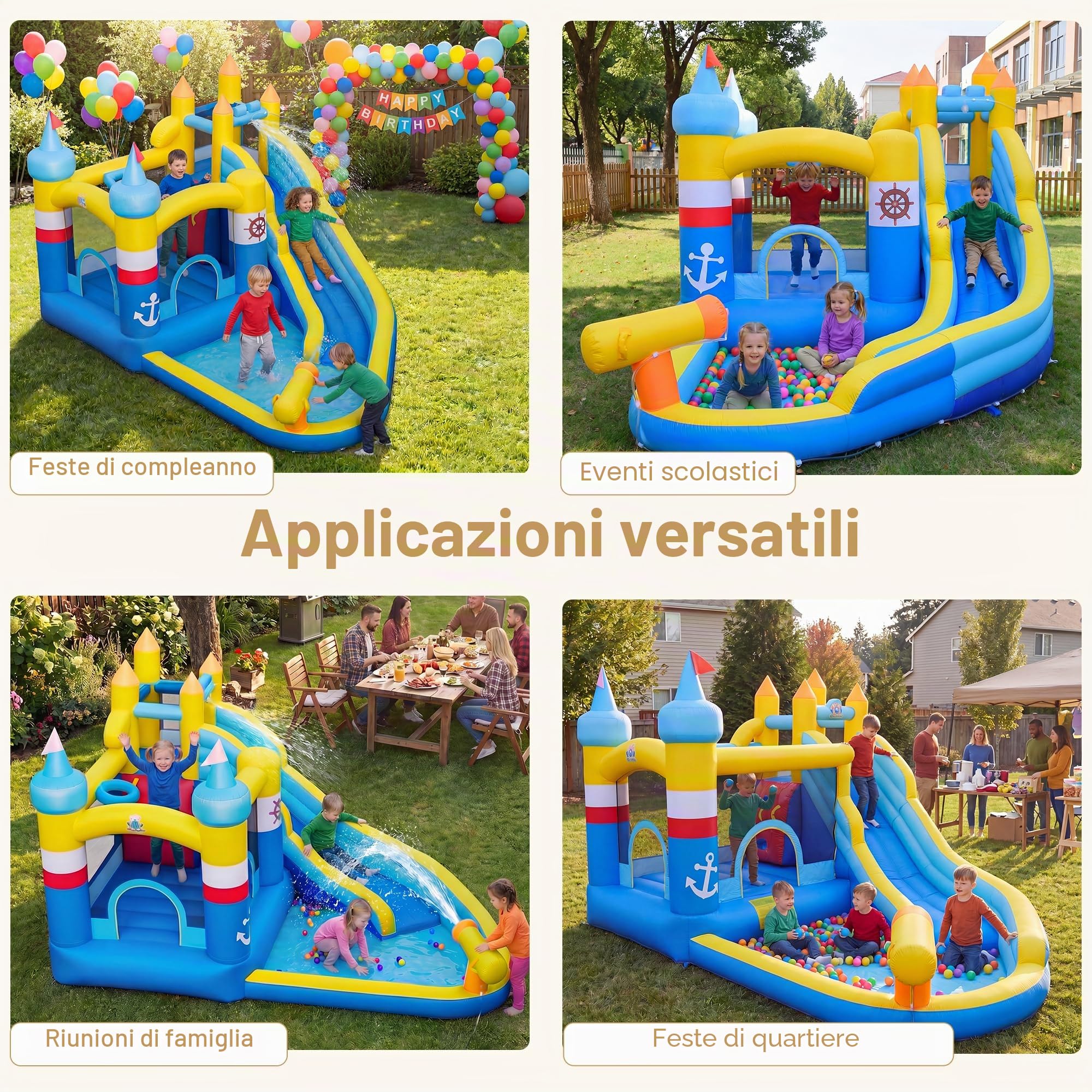GIANTEX Castello Gonfiabile Capitano, Struttura Gonfiabile con Scivolo, Parete d’Arrampicata, Cannone ad Acqua, Cesto da Basket e Piscina di Palline, Adatto a Bambini da 3 a 12 Anni (Senza Soffiatore)