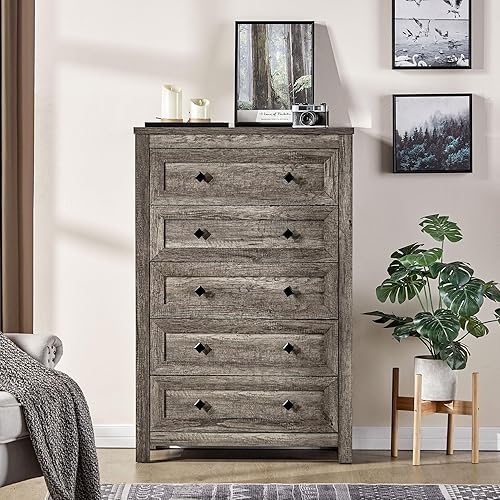 VanAcc 5-Drawer Chest of Drawers Dresser for Bedroom, 48” Tall Dresser with Vintage Grain Texture, Farmhouse Wood Dresser for Bedroom, Living Room, Hallway Storage, Rustic Grey