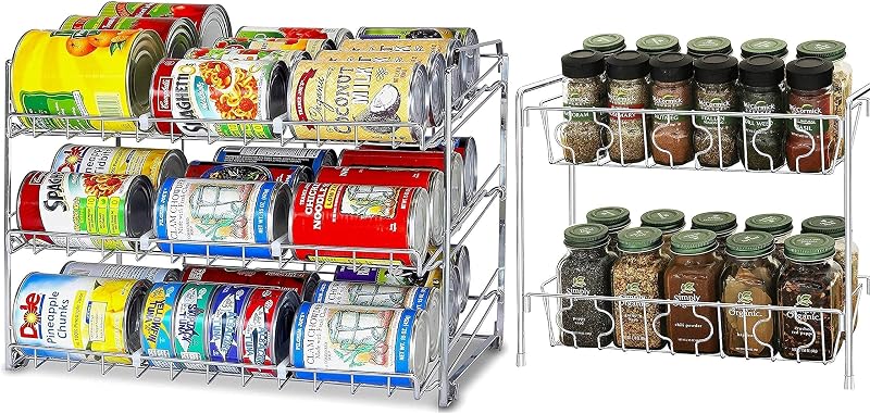 SimpleHouseware Estante apilable para latas cromado + estante para especias de 2 niveles