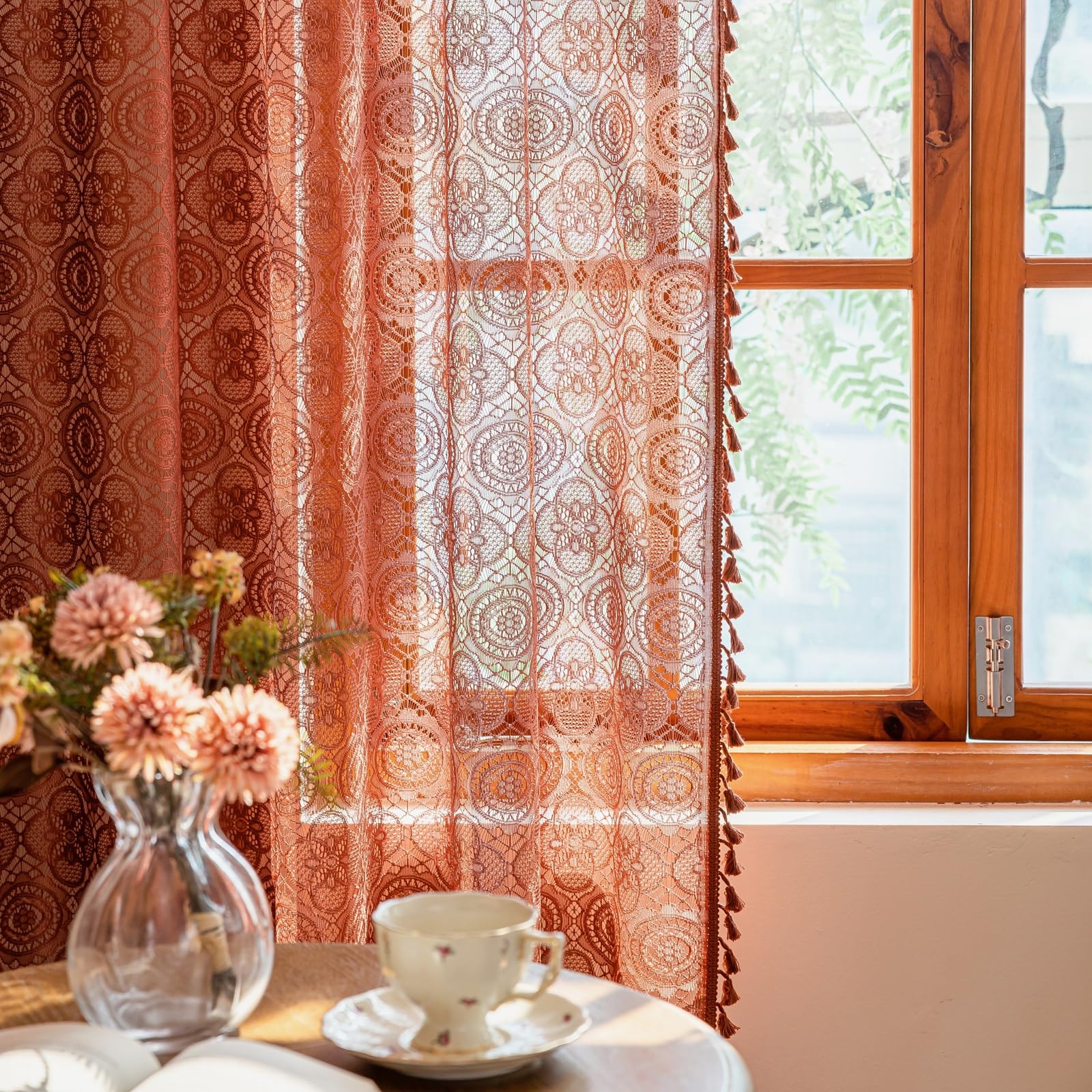 Burnt Orange Sheer Curtains 72 Inch Length 2 Panels Set Boho-Meets-Victorian Lace Crochet Curtain Panels for Bedroom Living Room Rustic Fall Boho Curtains Rod Pocket Privacy 59 W x 72 L Terracotta