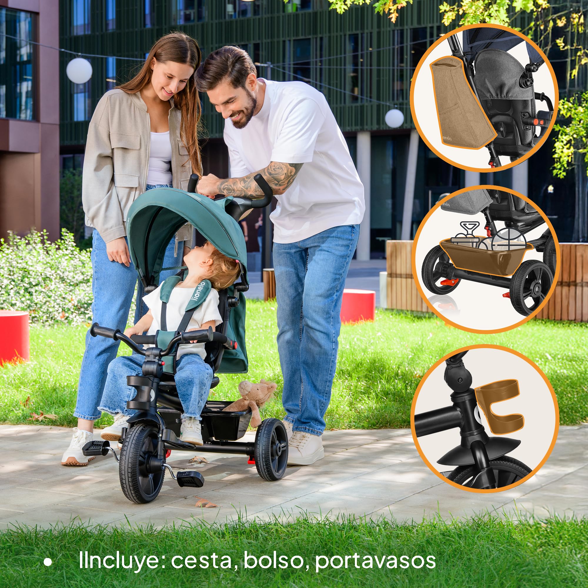 LIONELO Haari Triciclo Evolutivo para Niños, Bicicleta Bebe 4 en 1, Menores hasta 25 kg, 1,5-5 años, Carrito Cesta espaciosa, Bolsa y portavasos, Cinturones de 3 Puntos, Toldo Jeans