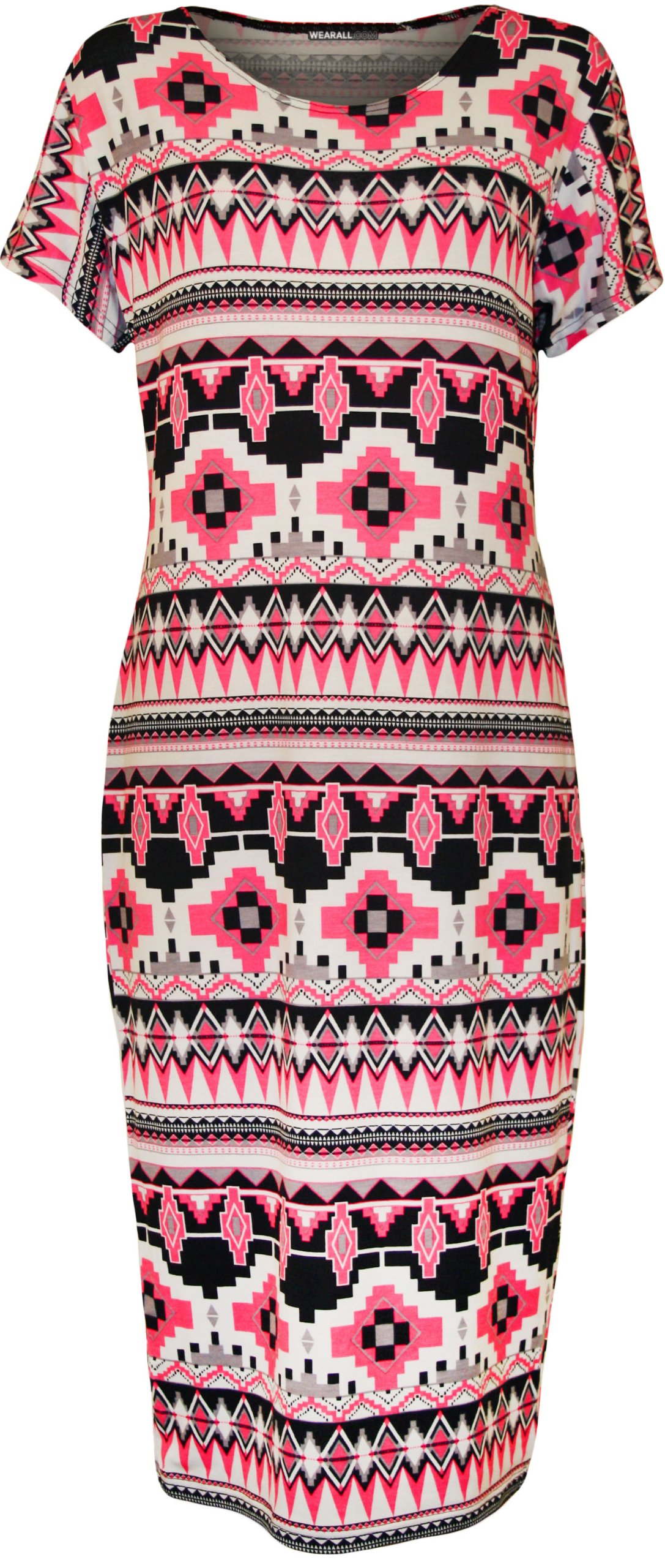 Wearall Women's Fluorescent Pink Plus Size Print Short Sleeve Scoop Stretch Midi Dress - 26-28