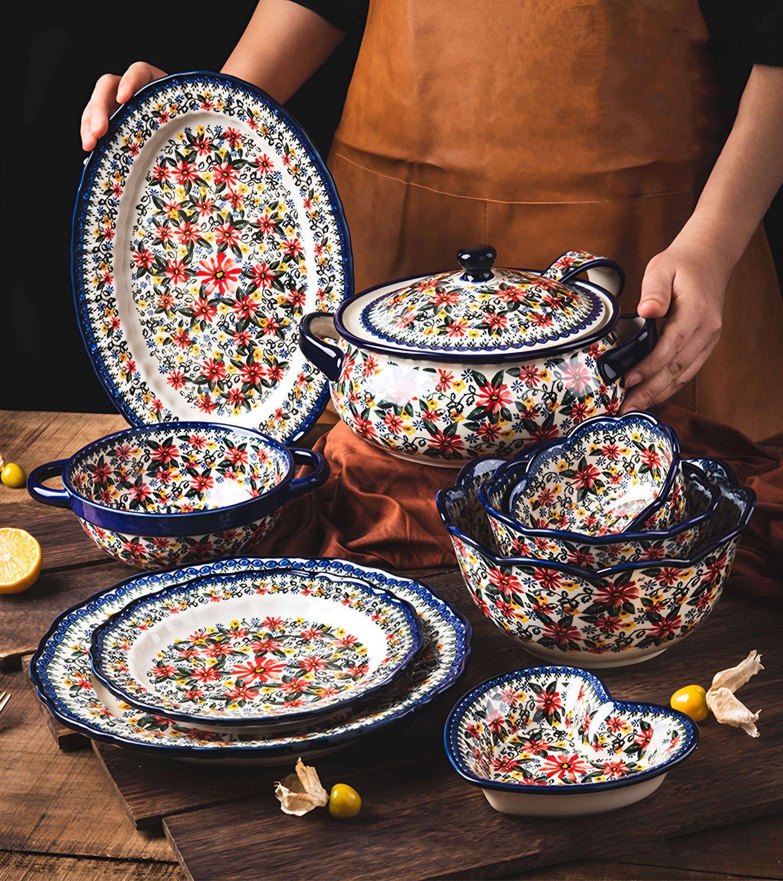 Ceramiczne naczynie do pieczenia do piekarnika, małe naczynie do zapiekania z uchwytami, piekarnik ceramiczny do pieczenia - chryzantema-prostokąt 700 ml