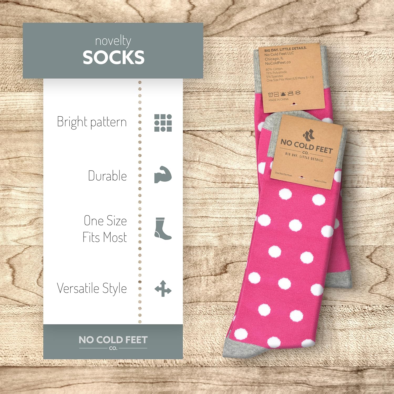 No Cold Feet Men’s Dress Socks, Fun Colorful Patterned, Mid-Calf, Cotton Blend, Fuchsia with White Polka Dots - Image 5