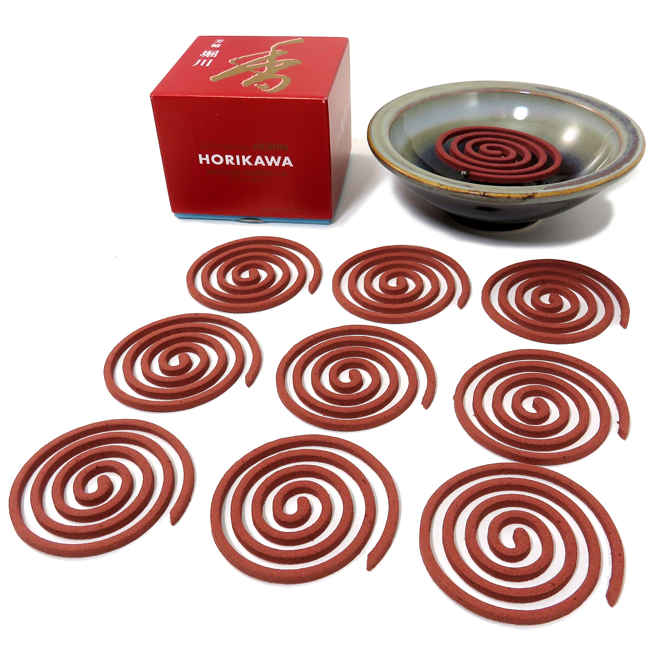 SHOYEIDO River Path (Hori-kawa) Incense, 10-Coil Bundle with Mountain Mist Round Ceramic Incense Holder
