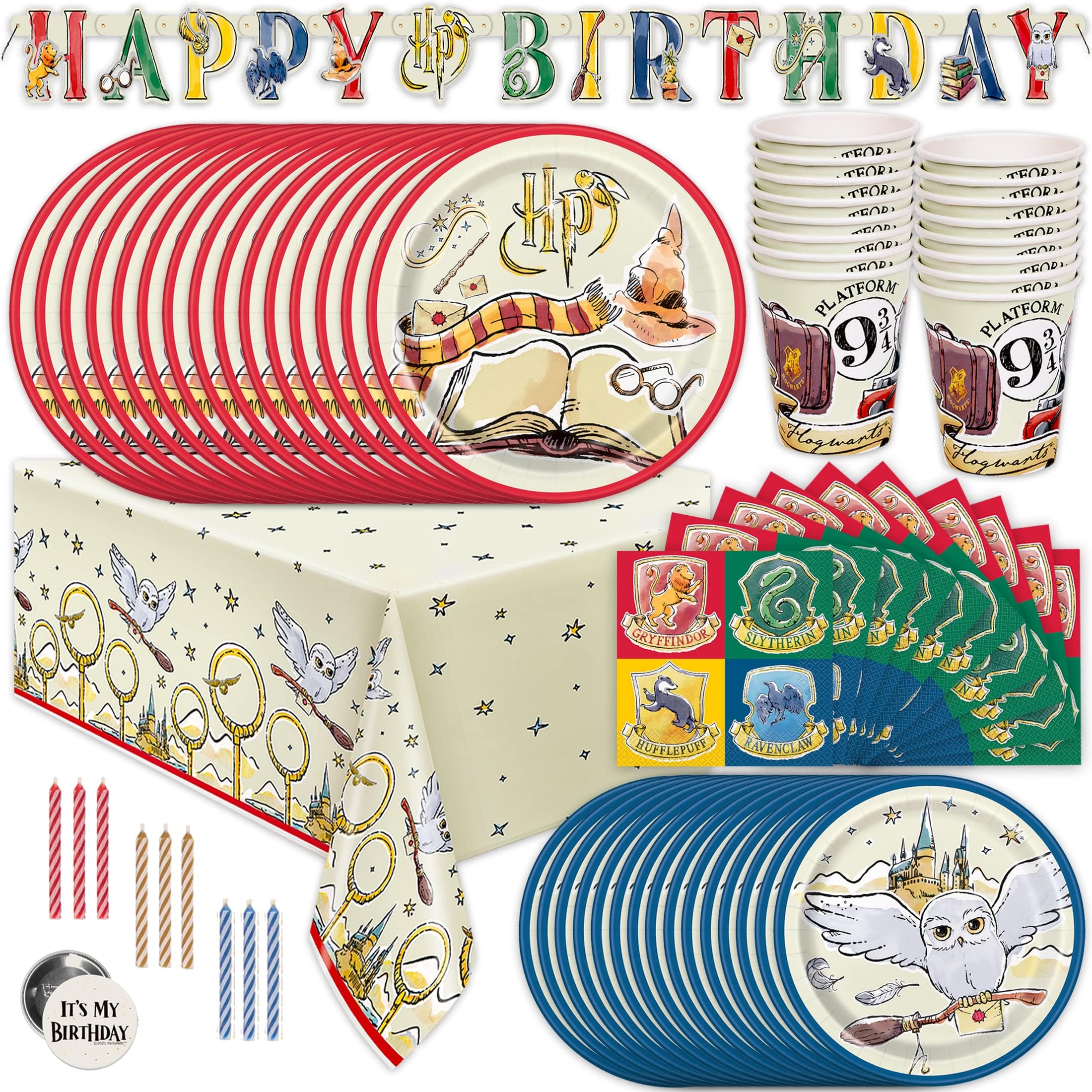 Unique Harry Potter Birthday Decorations Kit | Harry Potter Birthday Party Supplies | With Harry Potter Table Cover, Banner, Dinner and Cake Plates, Napkins, Cups, Candles, Button | Serves 16