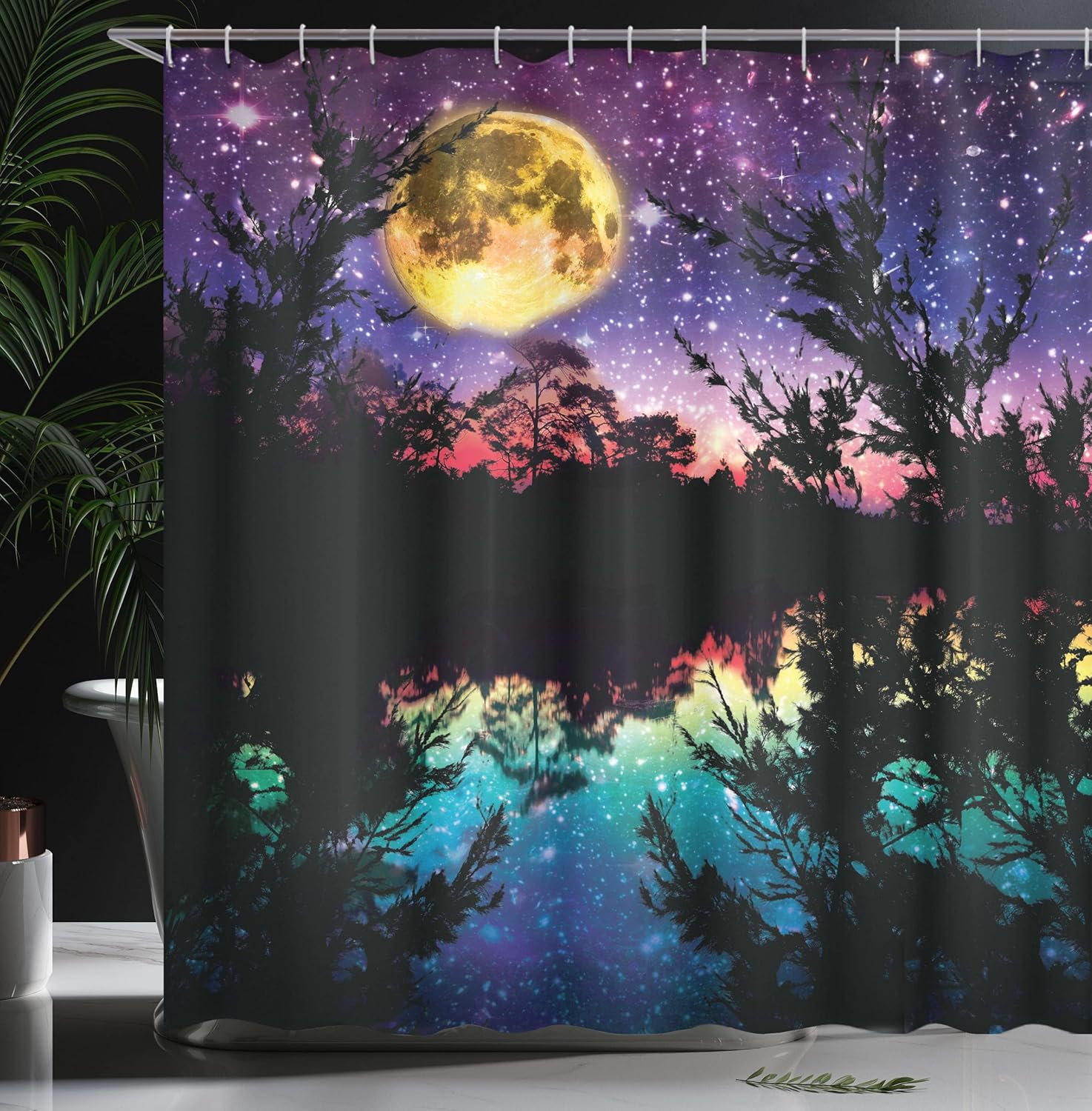 Ambesonne Purple Shower Curtain, Lake Moonlight Stars in Night Sky with Trees Contemporary Modern Design, Cloth Fabric Bathroom Decor Set with Hooks, 69" W x 75" L, Dark Colors