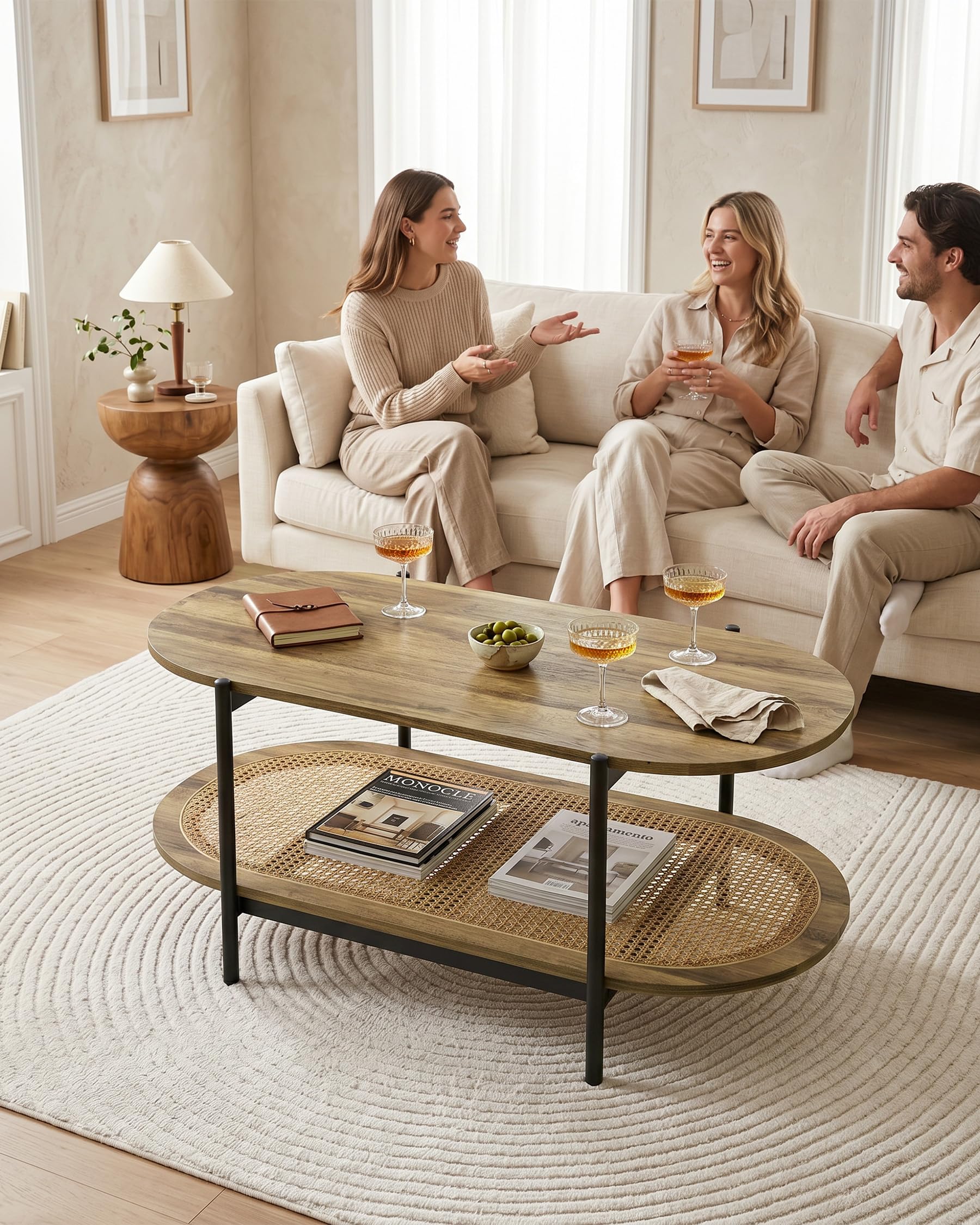 Tavolo Ovale, Tavolino Salotto Moderno Legno, Coffee Table, Tavolino da Salotto Moderno Legno con telaio nero e scaffale