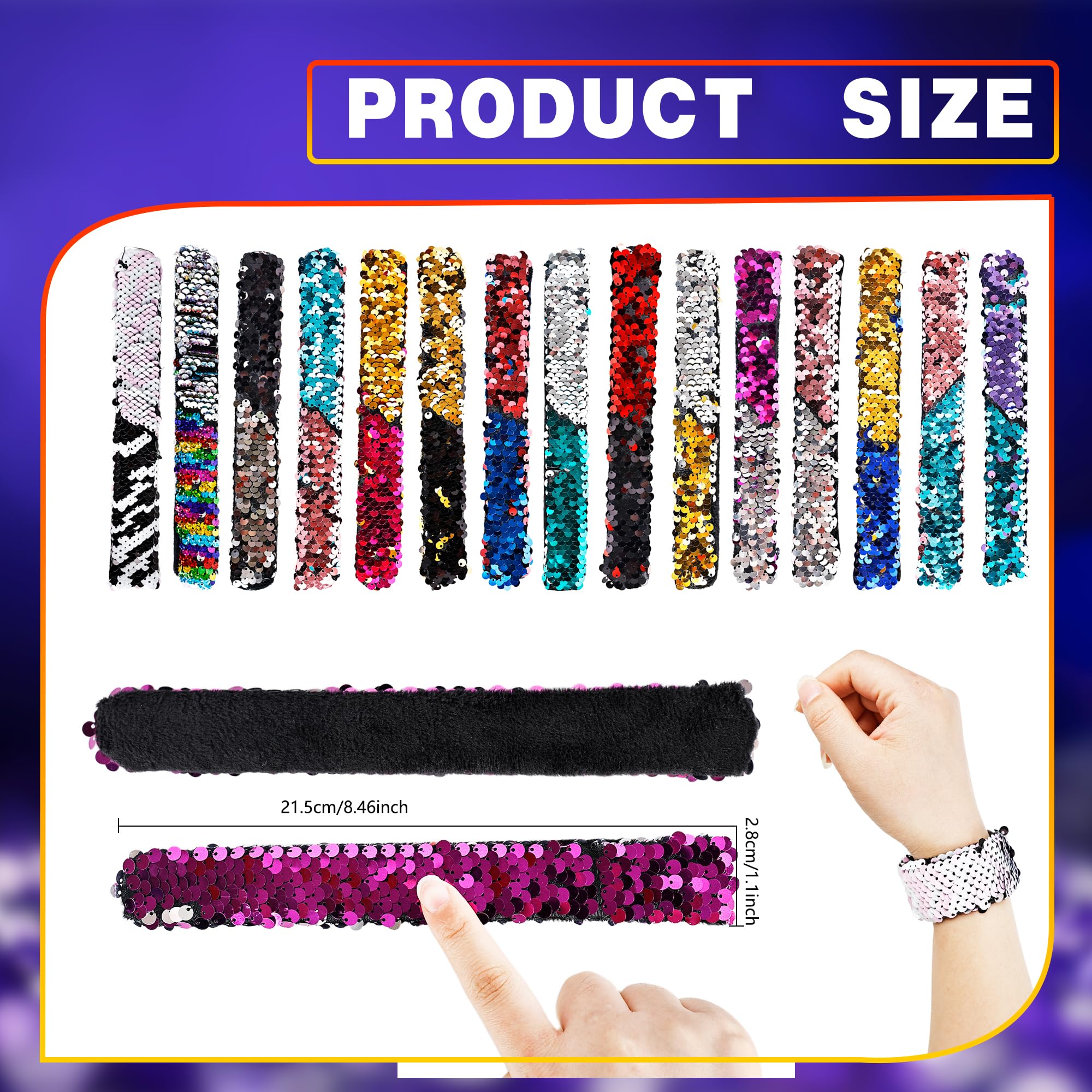 30 Pack Slap Bracelets Reversible Slap Bracelets Bulk Charm Sequins Horsetail Buckle Magic Wristband for Kids Hair Accessories Goodie Bag Fillers, 15 Colors