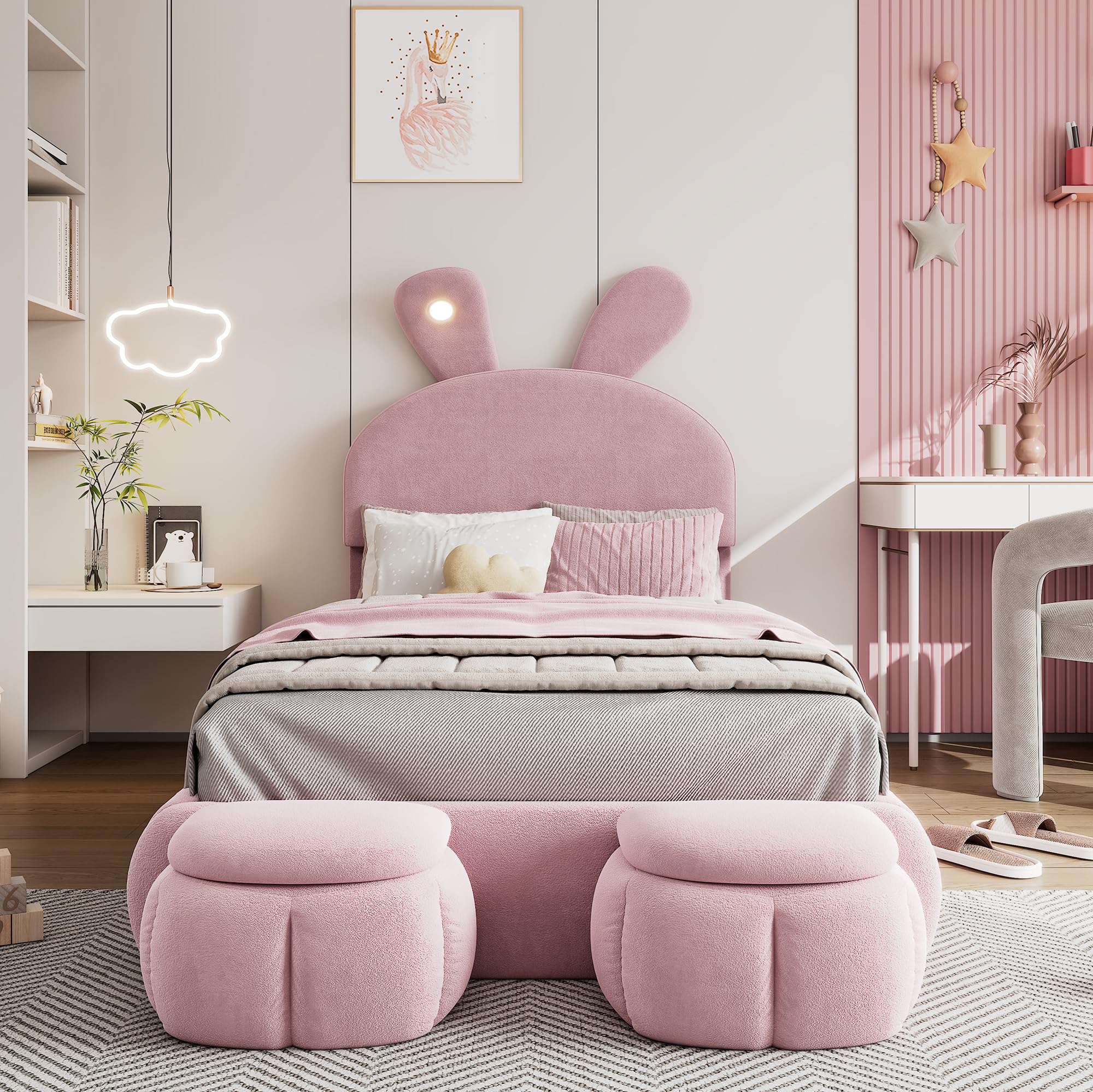 Letto Imbottito per Bambini 90 * 200cm con Due Sgabelli Contenitore, Orecchie di Coniglio con Luce LED, Lettos Singolo con Doghe in Legno, Velluto, Rosa
