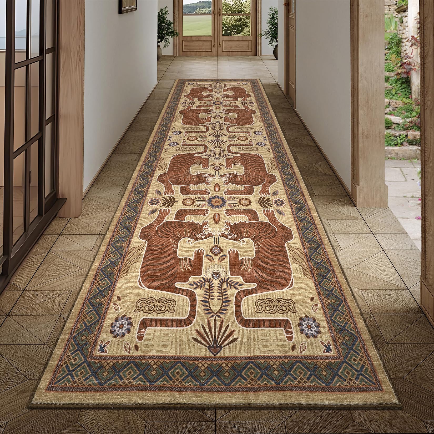 GarveeHome Tiger Print 2'6"x8' Washable Non Slip Runner Rugs for Hallways, Boho Camel Kitchen Runner Ultra Thin Soft Vintage Tribal Indoor Throw Floor