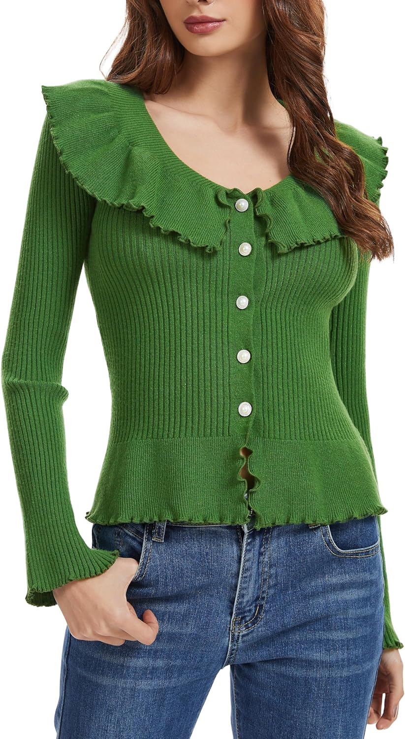 J.Corrine Women Cardigan Sweater Fall Pearl Button Down Ruffle Colar Cardigans Knit Open Front Sweaters Long Sleeve Tops