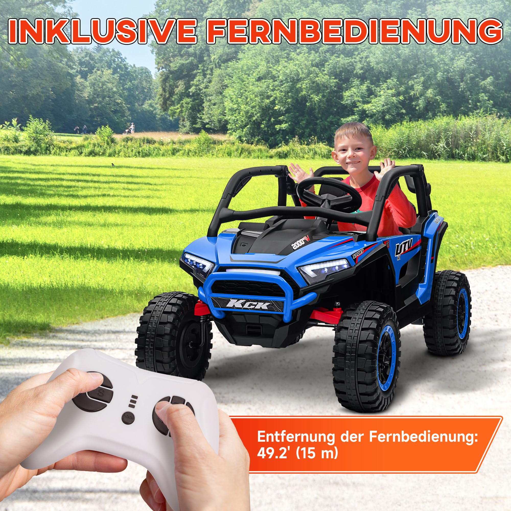 AIYAPLAY Kinder Elektroauto 24V mit 2,4 GHz Fernbedienung 3-8 Jahre Blau | Kinderauto UTV, 4 Motor, Kinderfahrzeug mit Hupe, Musik, Scheinwerfer, Elektrofahrzeug