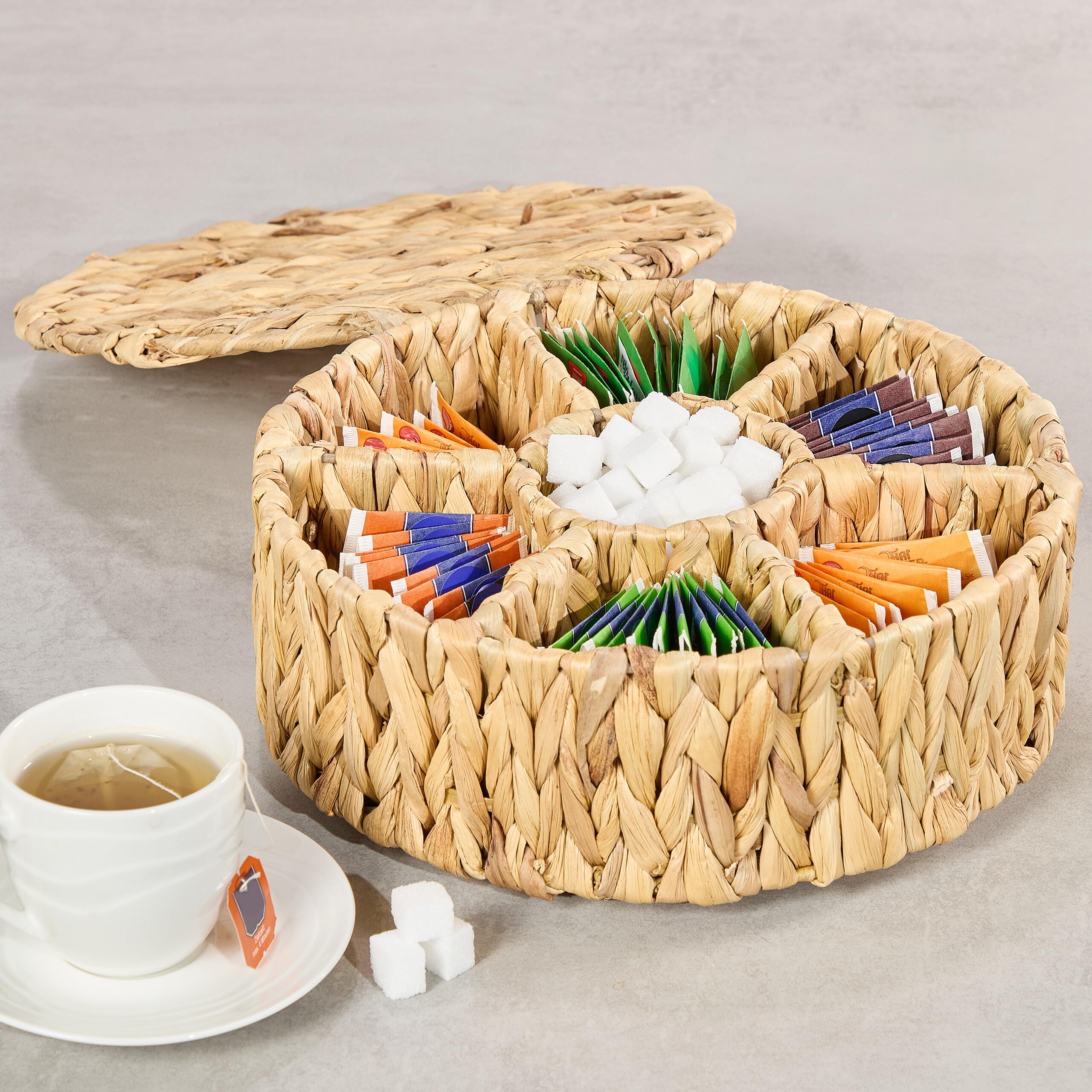 Relaxdays Boite à thé, 7 Compartiments, pour sachets de thé/Sucre, Aspect tressé, eichhornia, HxD : 11,5 x 28 cm, Nature