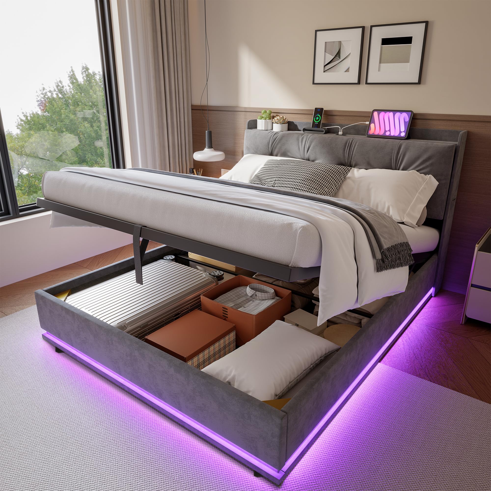 140 x 200 cm podwójne łóżko oświetlenie LED, złącze USB, miejsce do przechowywania | Pamięć hydrauliczna, regulowane oświetlenie LED, stacja ładująca USB, aksamitny zagłówek, drewniany stelaż, bez materaca
