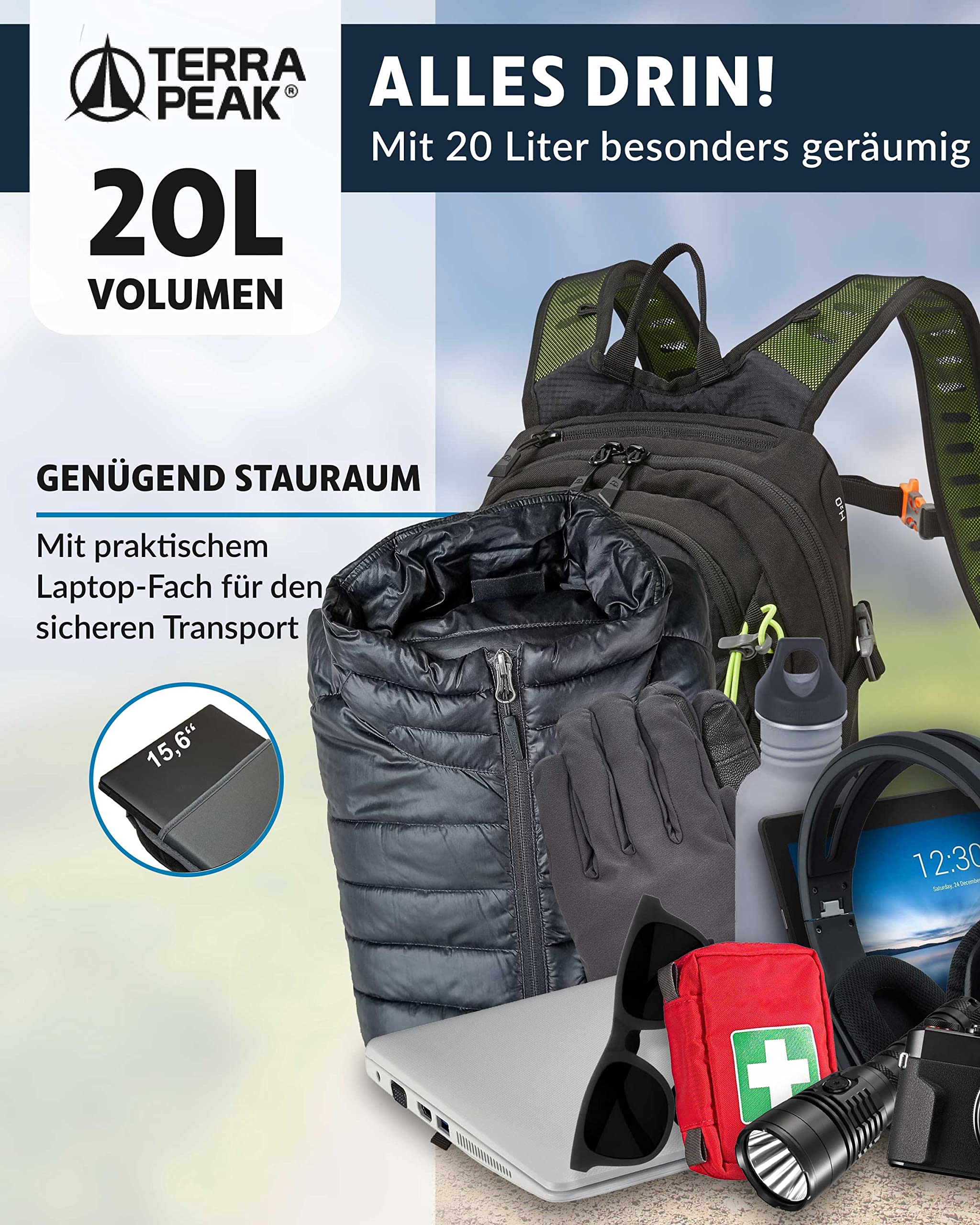 Terra Peak® Premium Wanderrucksack 20L (ACTIVE 20) Damen & Herren klein - Trekkingrucksack ergonomisch mit Rückenbelüftung, Regenschutz & Trinksystemhalterung - Rucksack aus 3D Air Mesh & Hüftgurt