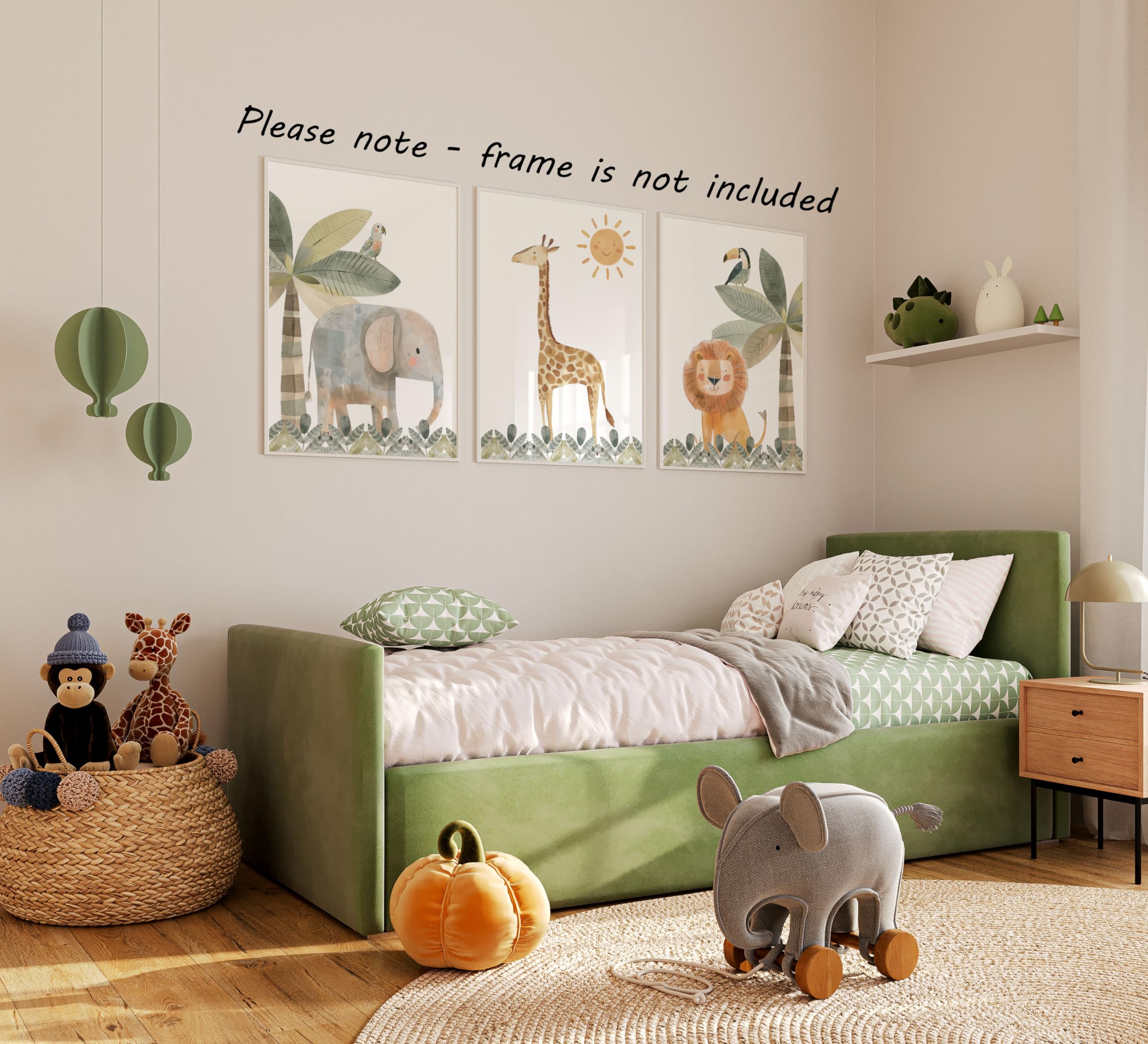 Eviepops Prints Quadri Cameretta Safari – Set di 3 Stampe Animali Acquerello Elefante, Giraffa, Leone Toni Neutri Decorazione Parete Bambini e Sala Giochi (A3)