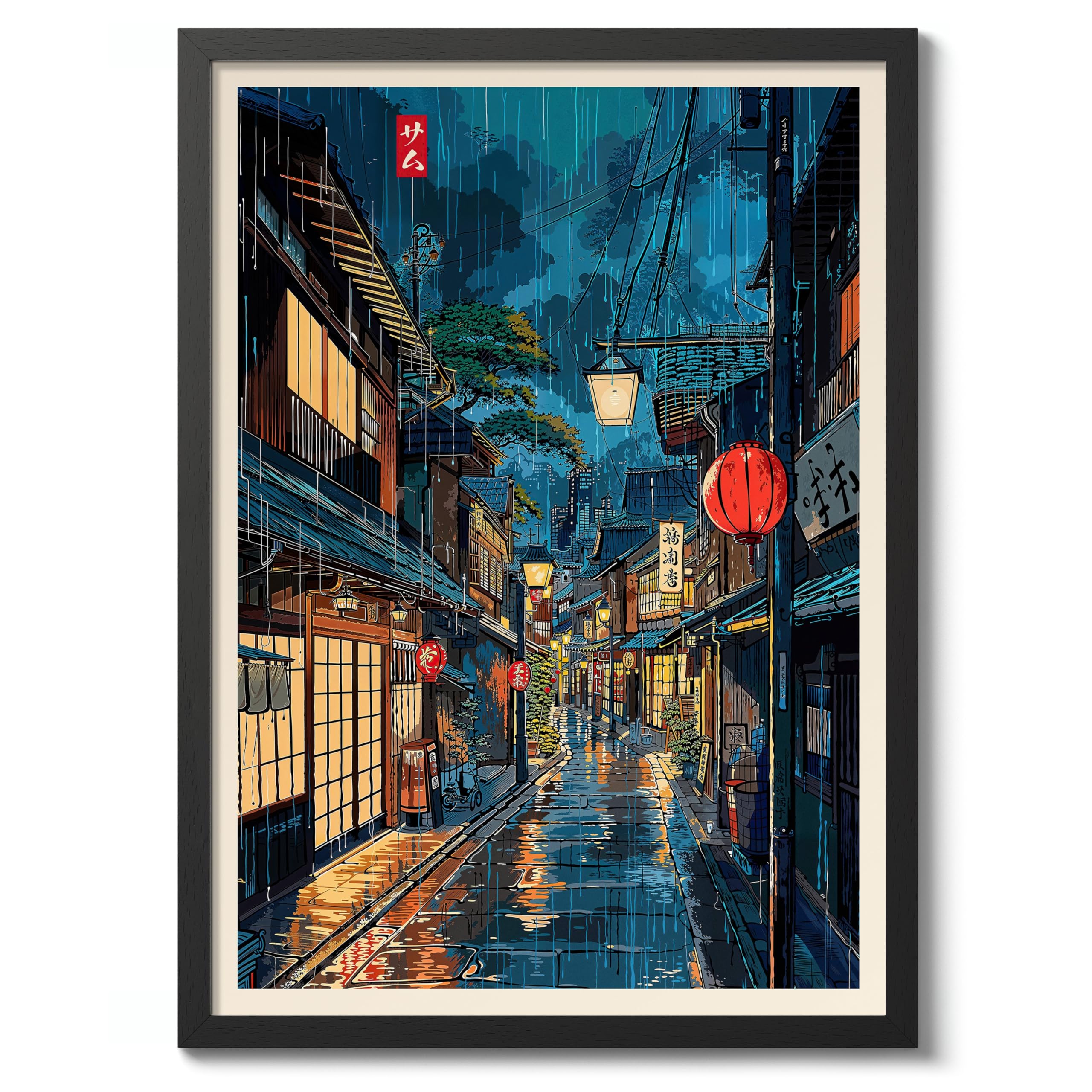 Sapporo Tea House Anime Woodblock Poster Print, Cartoon Manga Edo Aesthetic Wall Art Japanese Wall Art Bedroom Home Decor, 50x70cm (Black Frame) - 53x73cm