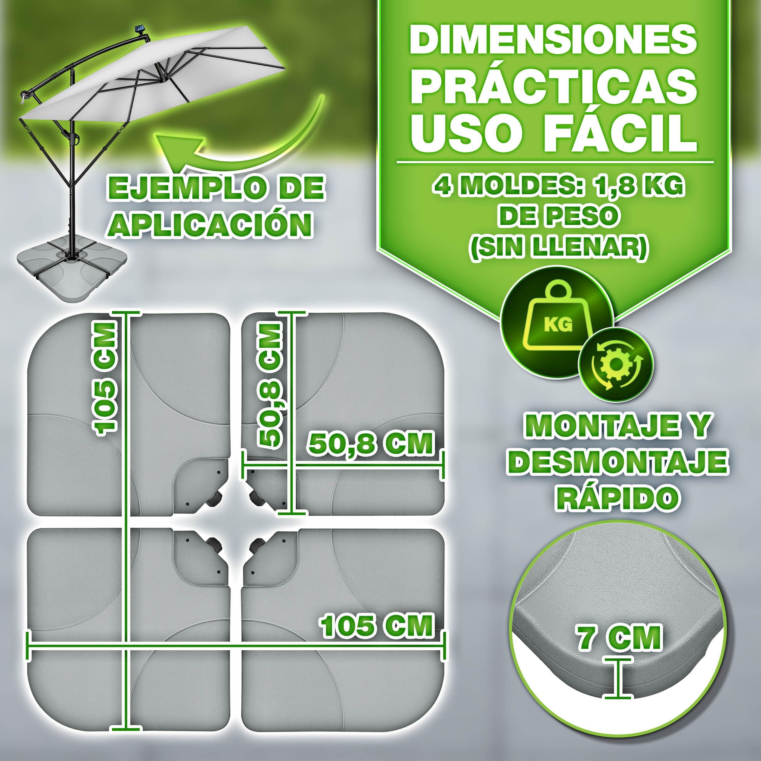 tillvex Soporte para sombrilla de 90 l/120 kg, 4 Piezas, Incluye Conector de Metal, Peso de la sombrilla rellenable con Agua o Arena, Resistente a la Intemperie