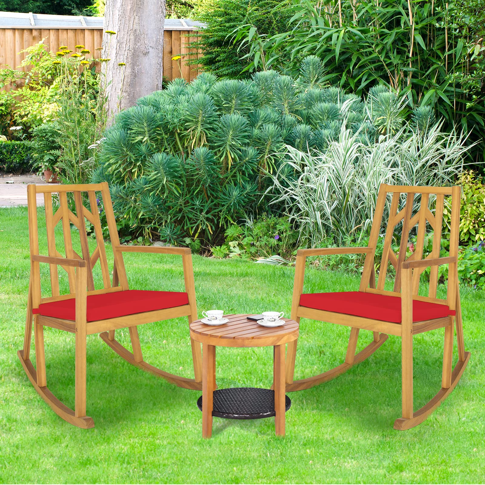 costway acacia wood rocking chair patio garden lawn w cushion