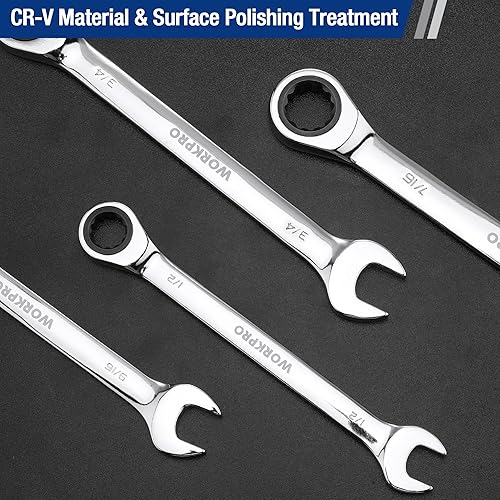 Miniatura 4 de WORKPRO Llave combinada de trinquete de 12 pulgada SAE, CR-V construida con cromado pulido espejo, diseño de 12 puntos, desplazamiento de 15 grados