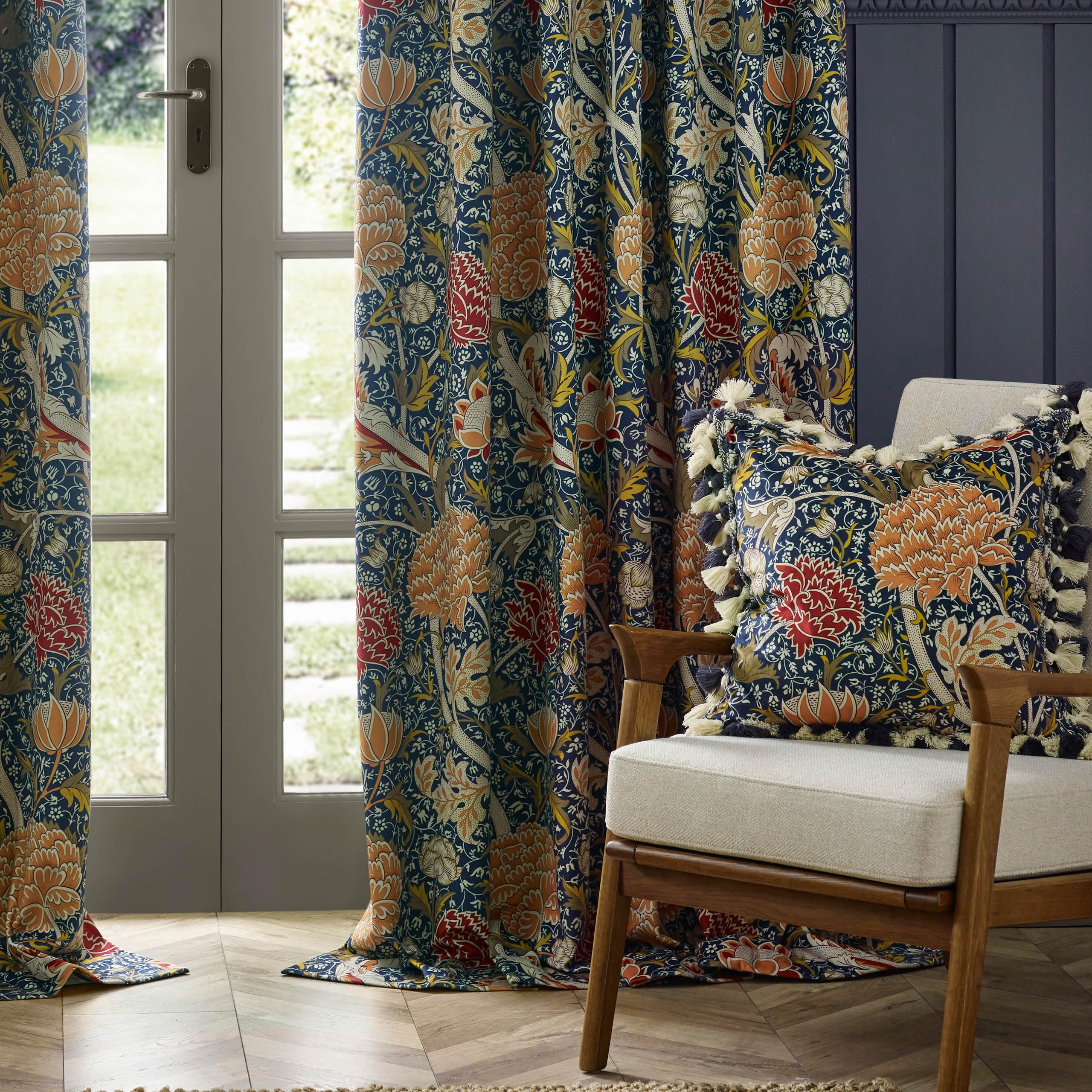Morris&Co. Cray Pencil Pleat Curtain Pair - Lined Velvet Floral River-Inspired Drapes (Indigo/Berry - 168x137cm) - Image 4