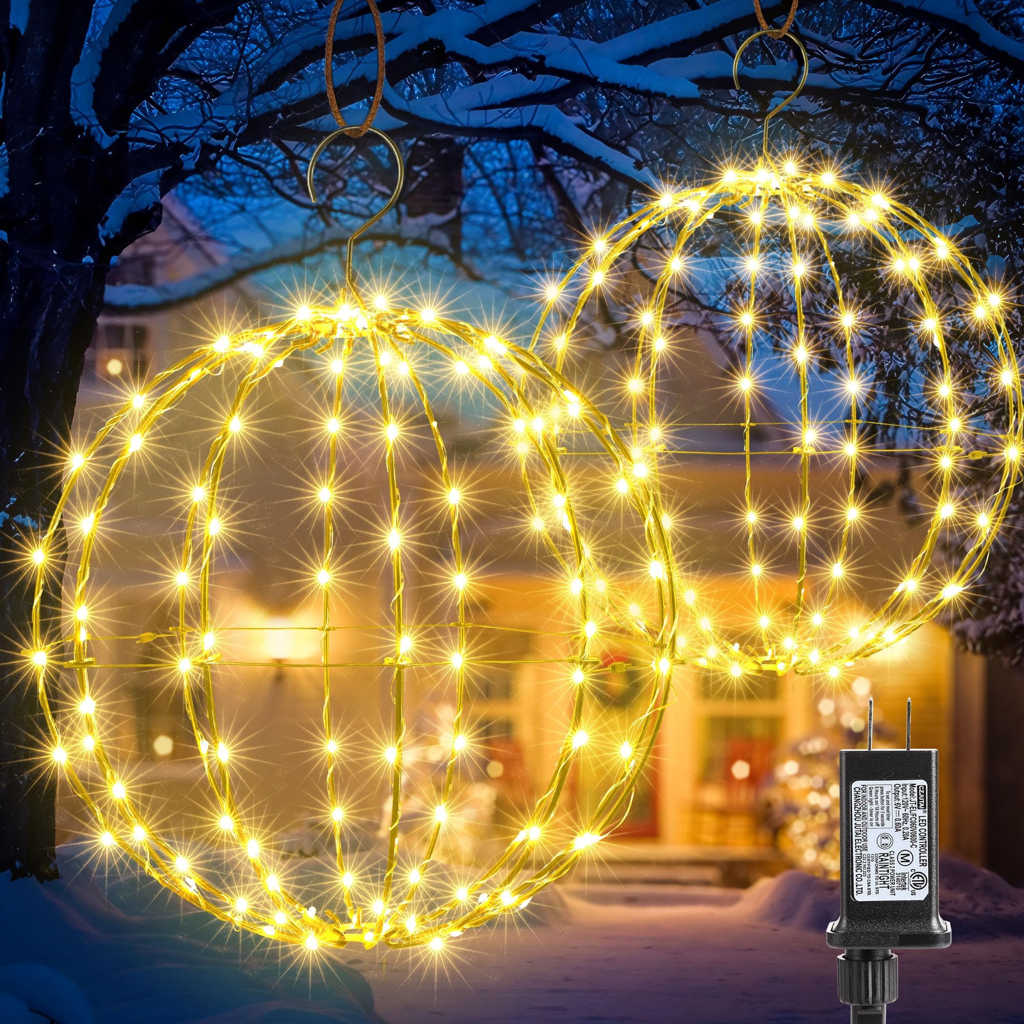 Flacchi Set of 2 Christmas Hanging Ball Lights - 2 Sizes of Connectable Hanging Tree Globe Fairy Lights with 8 Lighting Modes,Timing Function Waterproof Indoor Outdoor (Warm White)
