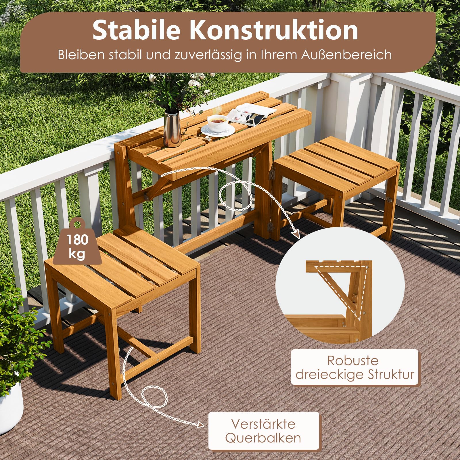 COSTWAY 2 in 1 Gartenbank, Gartentisch mit Sitzbank, 2-Sitzer Holzbank, Balkonset, Balkonmöbel Kleiner Balkon, Sitzgruppe, Sitzgarnitur für Garten, Terrasse