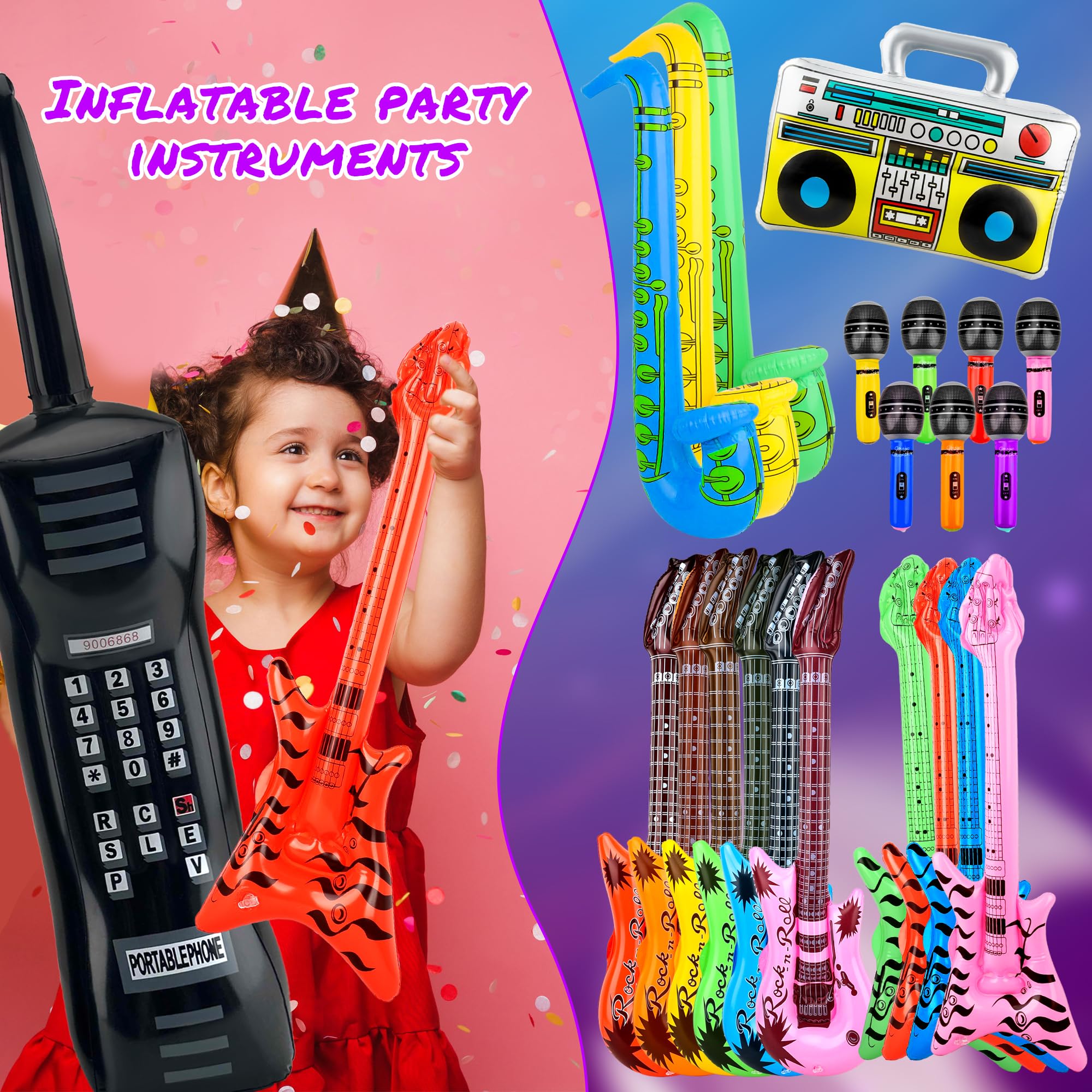 19 Pack Inflatable Rock Star Toy Set 6 Guitars 7 Inflatable Microphones 3 Saxophone 1 Boom Box 1 Mobile Phone 1 Air Pump for Carnival Party Favors Rock and Roll Party Supplies - Image 3