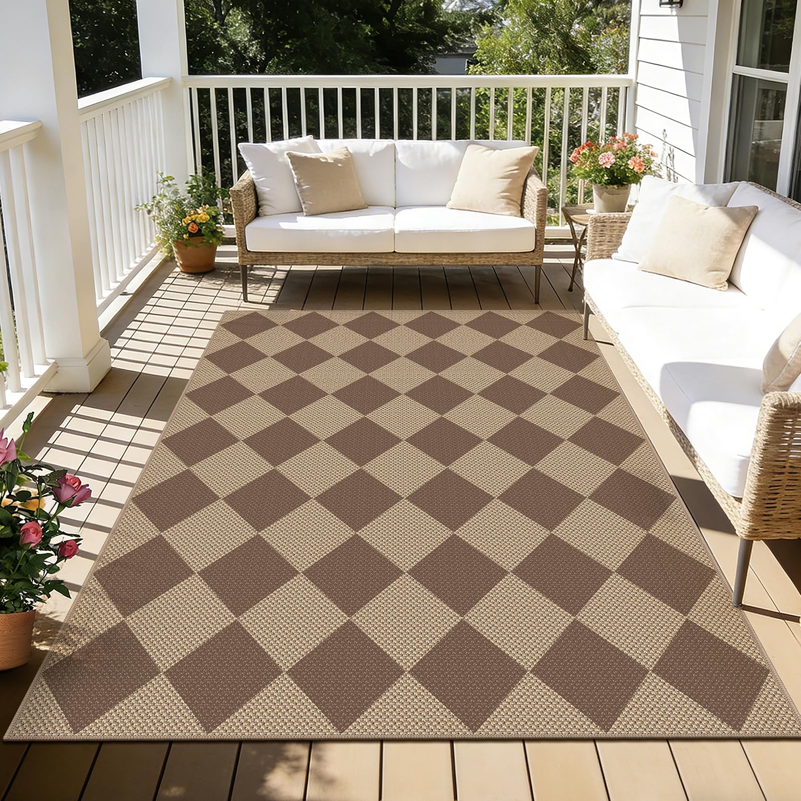 Capslpad Outdoor Teppich 120x180cm, Jute Aussehen Wetterfest Teppich, Robuster Flachgewebe Waschbar Teppiche, Braun Raute Design rutschfest Küchenteppich für Wohnzimmer, Balkon, Eingang, Küche