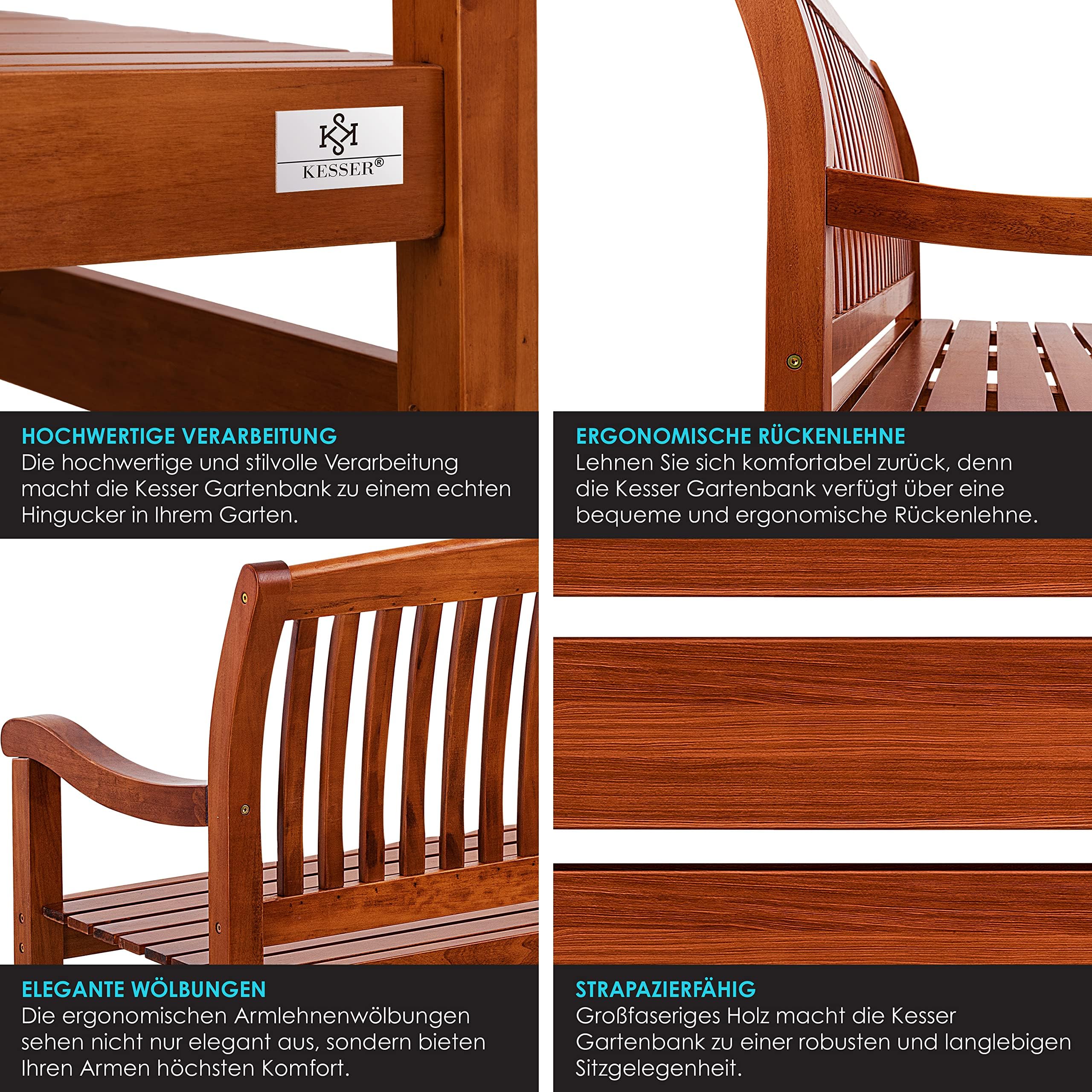 KESSER® Banco de jardín de madera resistente a la intemperie, 125 cm, banco de madera para jardín, 2 – 3 plazas, banco de exterior, banco de balcón de madera maciza, banco de parque, soporta 320 kg