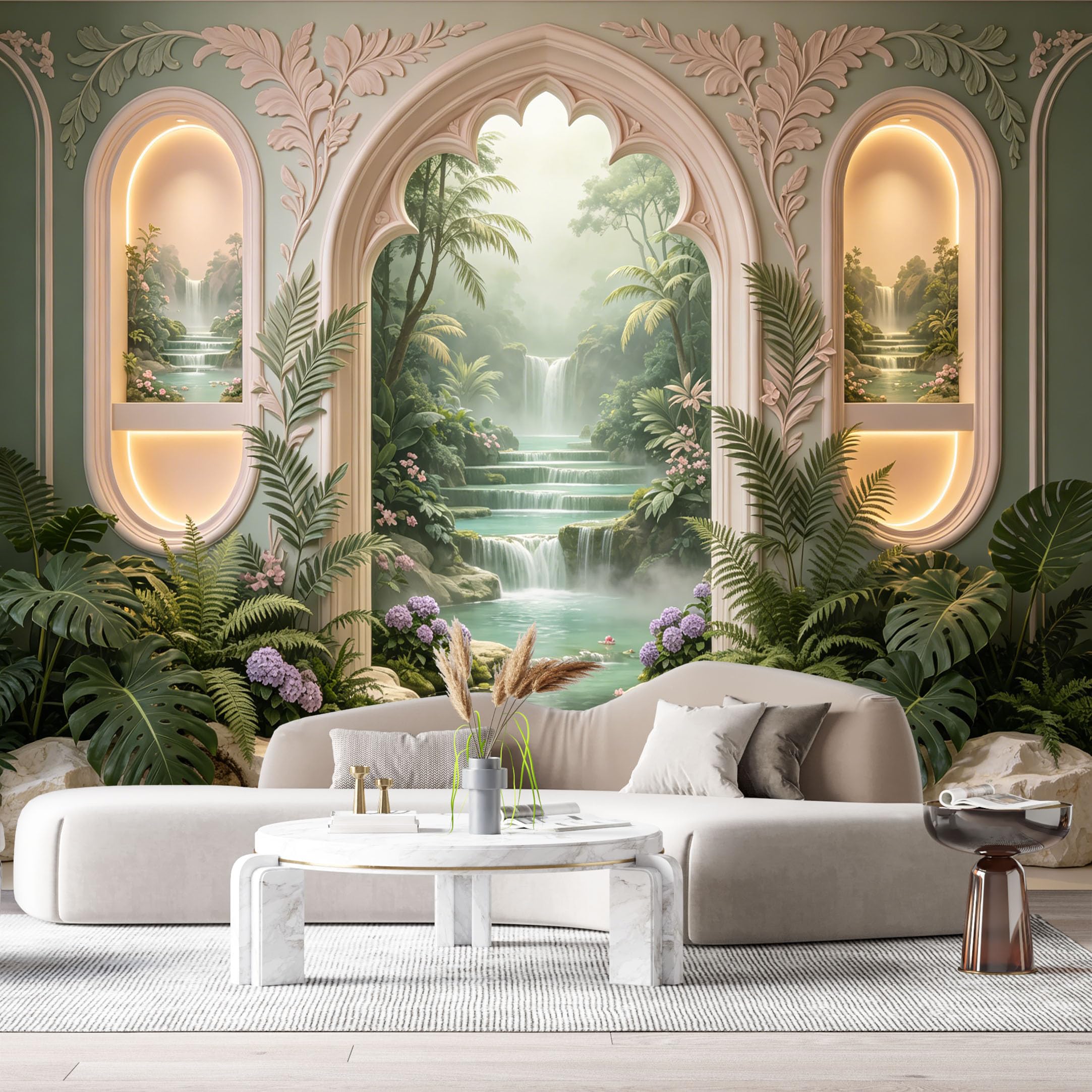 Custom Size Wall Murals Tropical Waterfall Jungle Archway 3D Trompe L'Oeil SelfAdhesiveWall Fabric Removable Wallpaper Wall Decor for Living Room Bedroom Bathroom