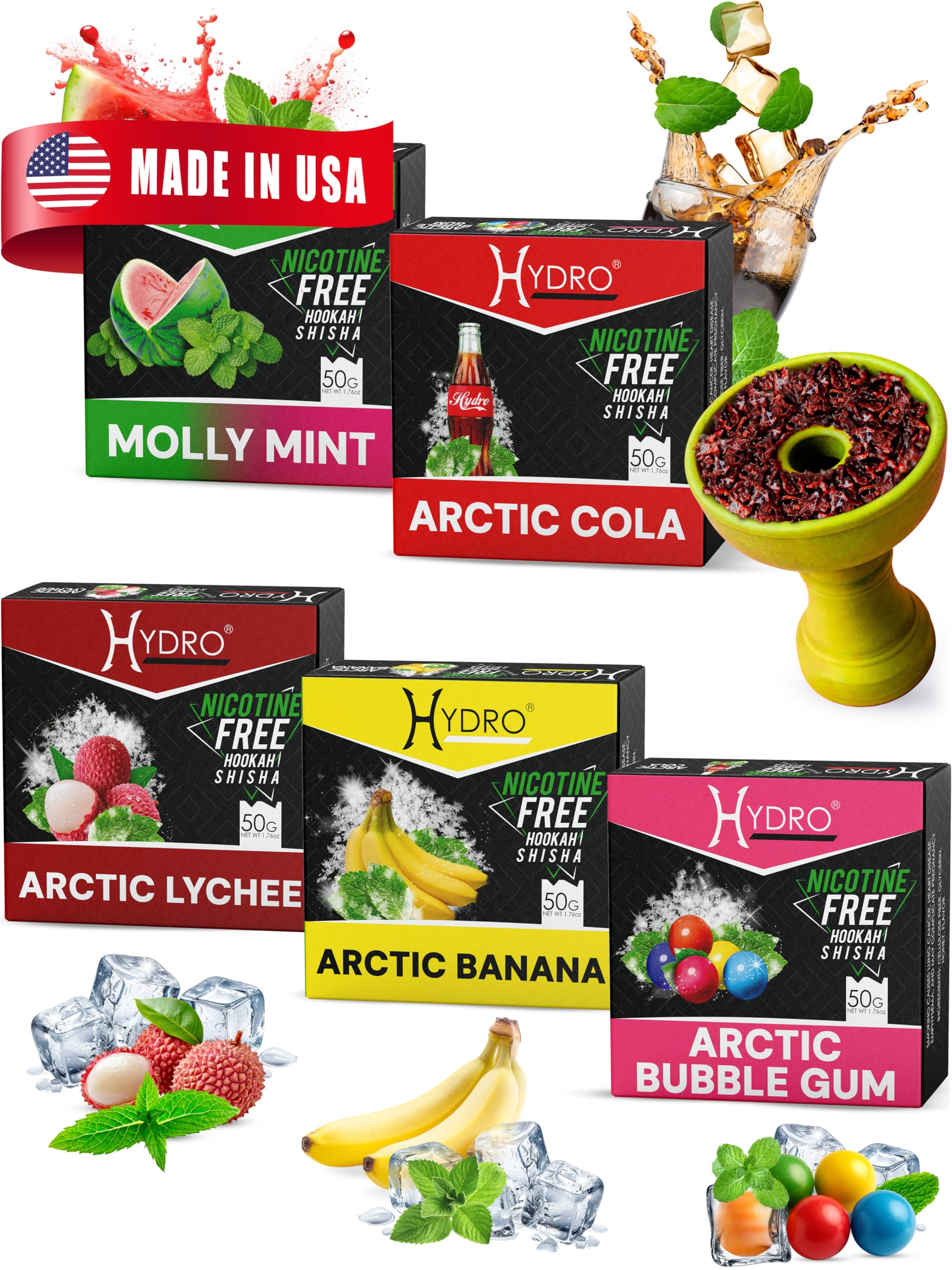 Hydro Hookah Flavors Bundle – Tobacco Free & Nicotine Free Shisha Arctic Lychee, Cola, Bubble Gum, Banana, and Molly Mint – Natural, Long-Lasting, Smooth Taste, 50-Gram Packs (Pack of 5)