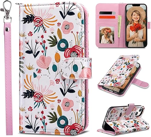 ULAK Funda de piel sintética de alta calidad compatible con iPhone 13 con tarjetero y función atril, funda protectora para teléfono diseñada para