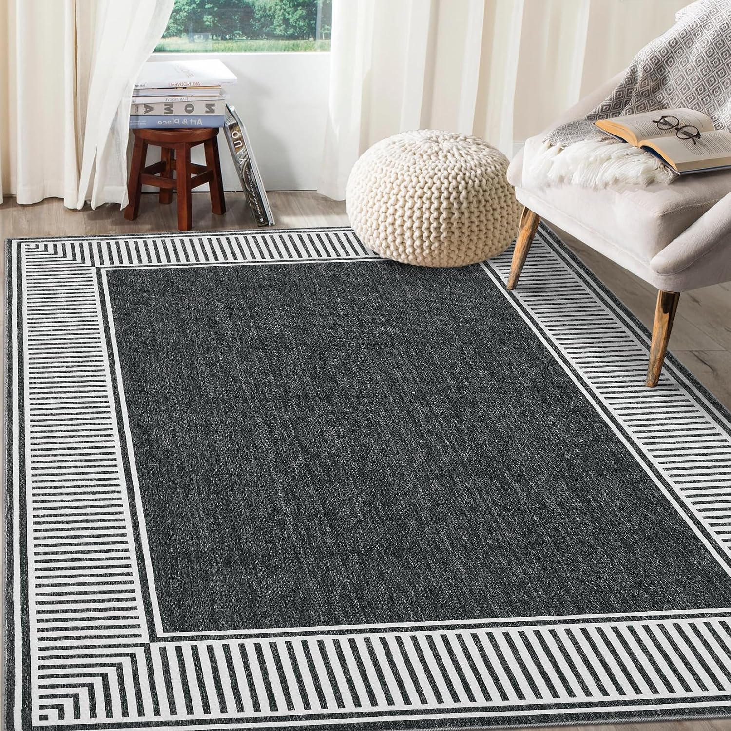 GarveeHome Living Room Area Rug 8x10 Modern Striped Border Throw Carpet image 4