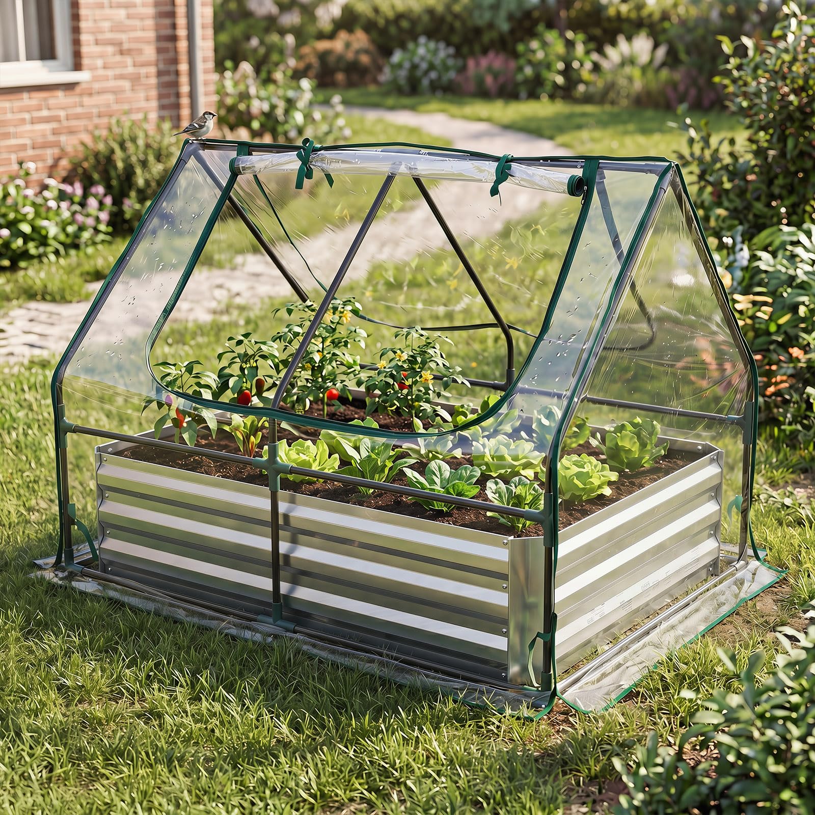 COSTWAY Cama de Jardín Elevada con Mini Invernadero, Huerto Urbano Terraza de Metal Galvanizado con Base Abierta y 2 Ventanas Enrollables, Jardinera Exterior para Flores Verduras Patio Balcón