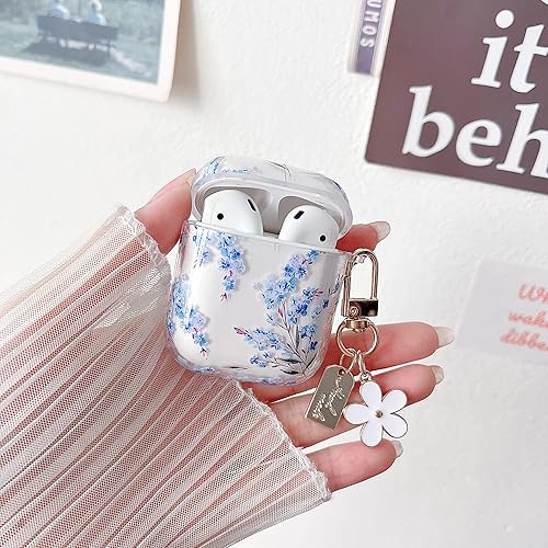 Miniatura 4 de MINSCOSE Funda transparente compatible con AirPods 1 y 2, bonito diseño de patrón de flores con llavero floral, funda protectora de TPU suave a