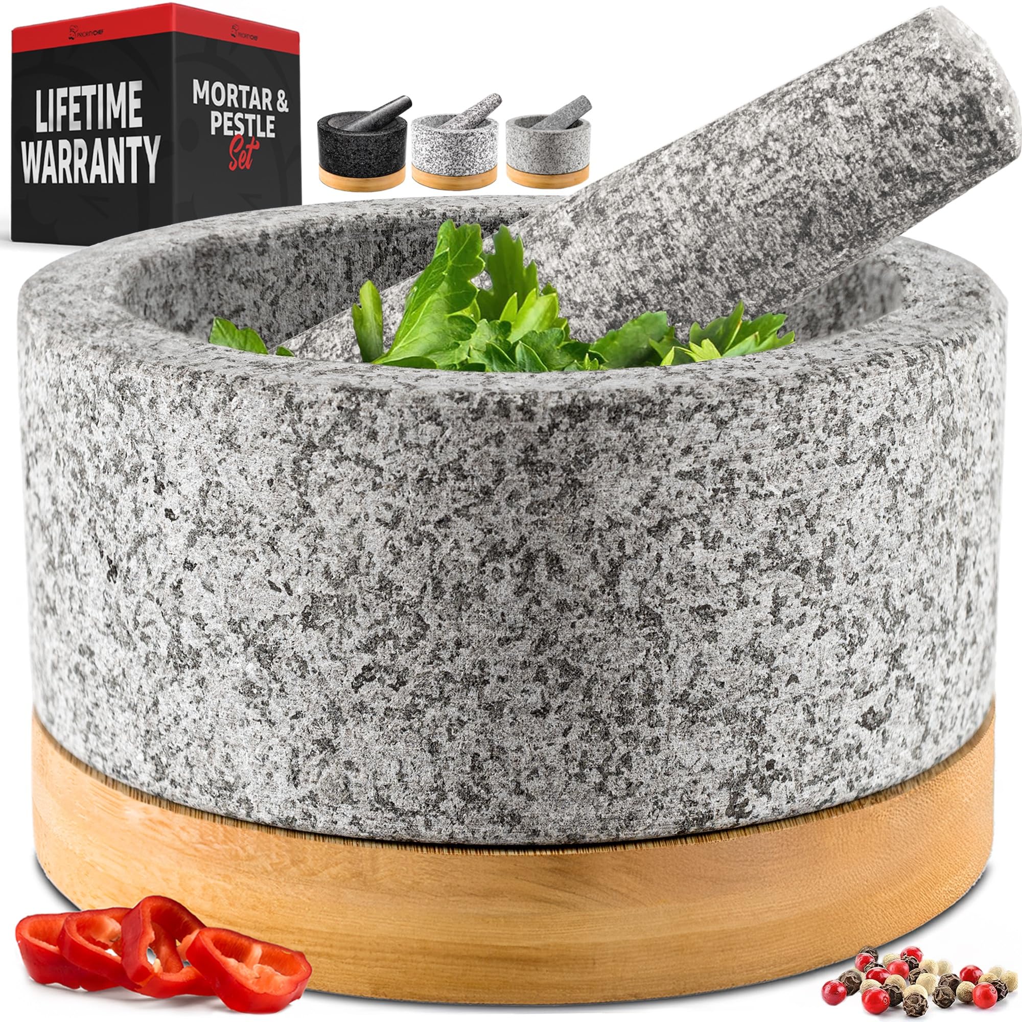 Juego de mortero y mortero resistente con base de bambú, 4 tazas extragrandes, mortero de granito 100% natural y mortero de piedra grande, cuenco de molcajete, cuencos de guacamole triturador, gris