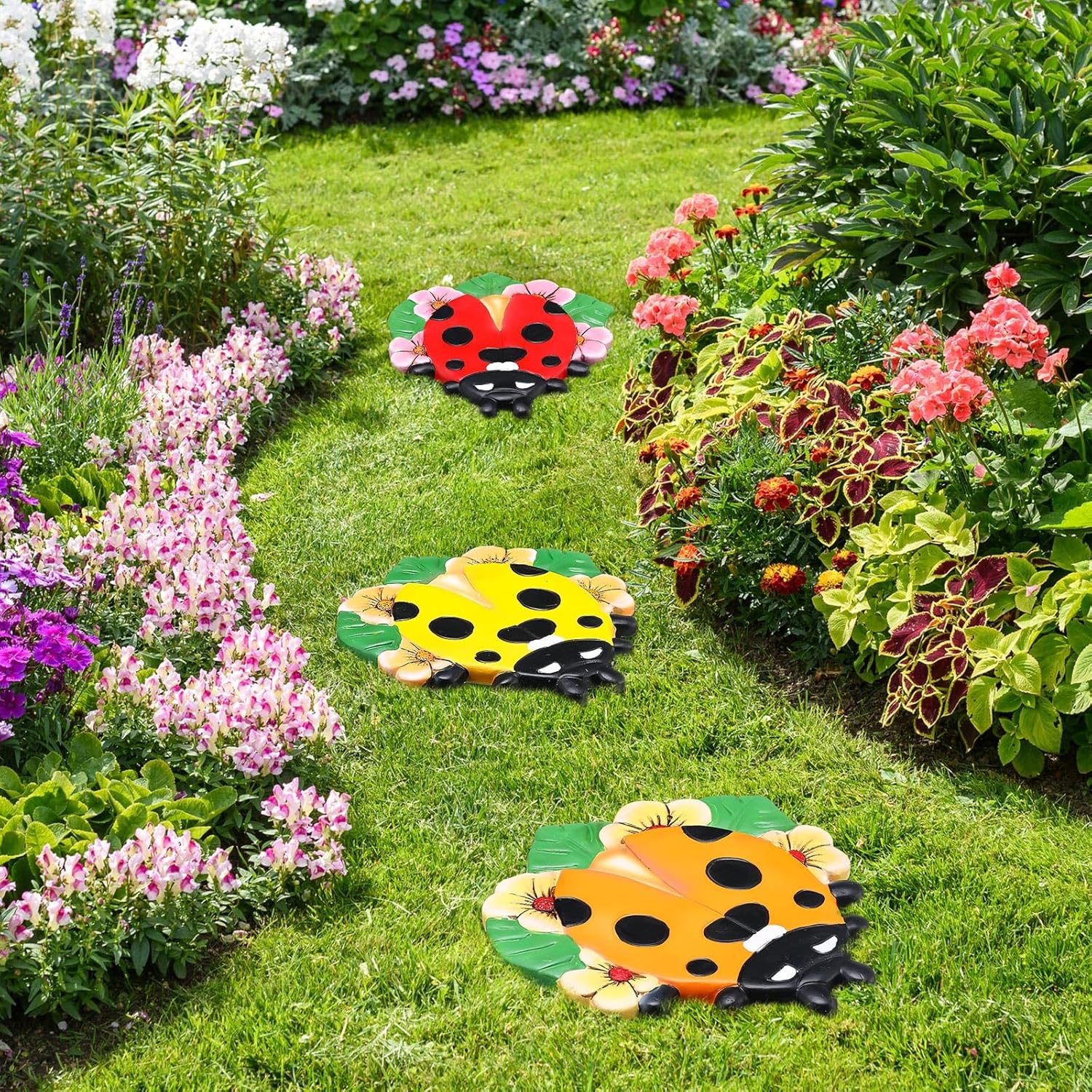 Yalikop 3 Pcs Ladybug Stepping Stones Resin 7-10inch Decorative Stepping Stone Ladybug Outdoor Garden Decorations for Garden Patio Walkway Sculpture Yard Art