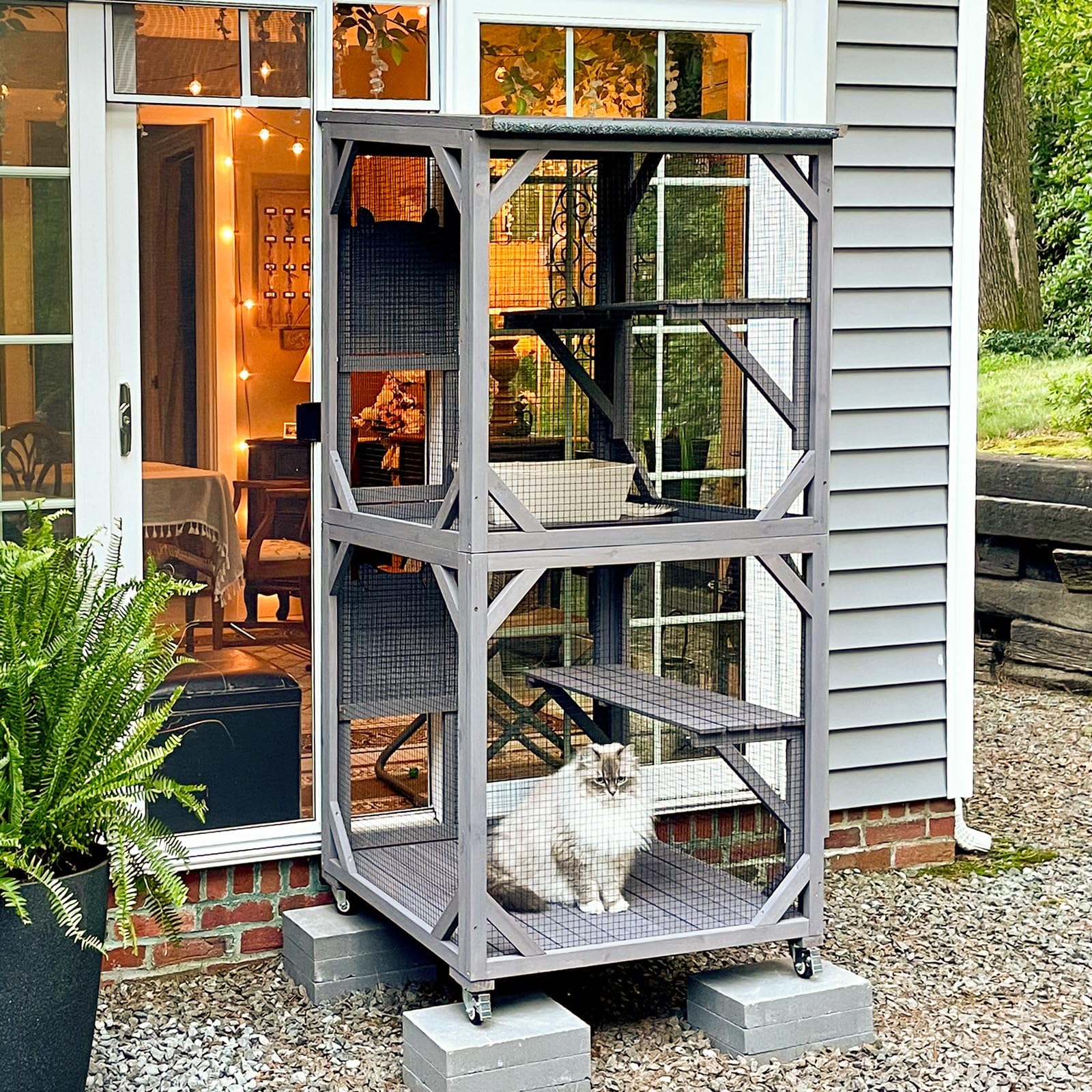 X-ZONE Cat Catio Niche d'extérieur mobile pour chat sur roues avec boîte de repos, housse imperméable gris moyen 62x59,5x159,5 cm