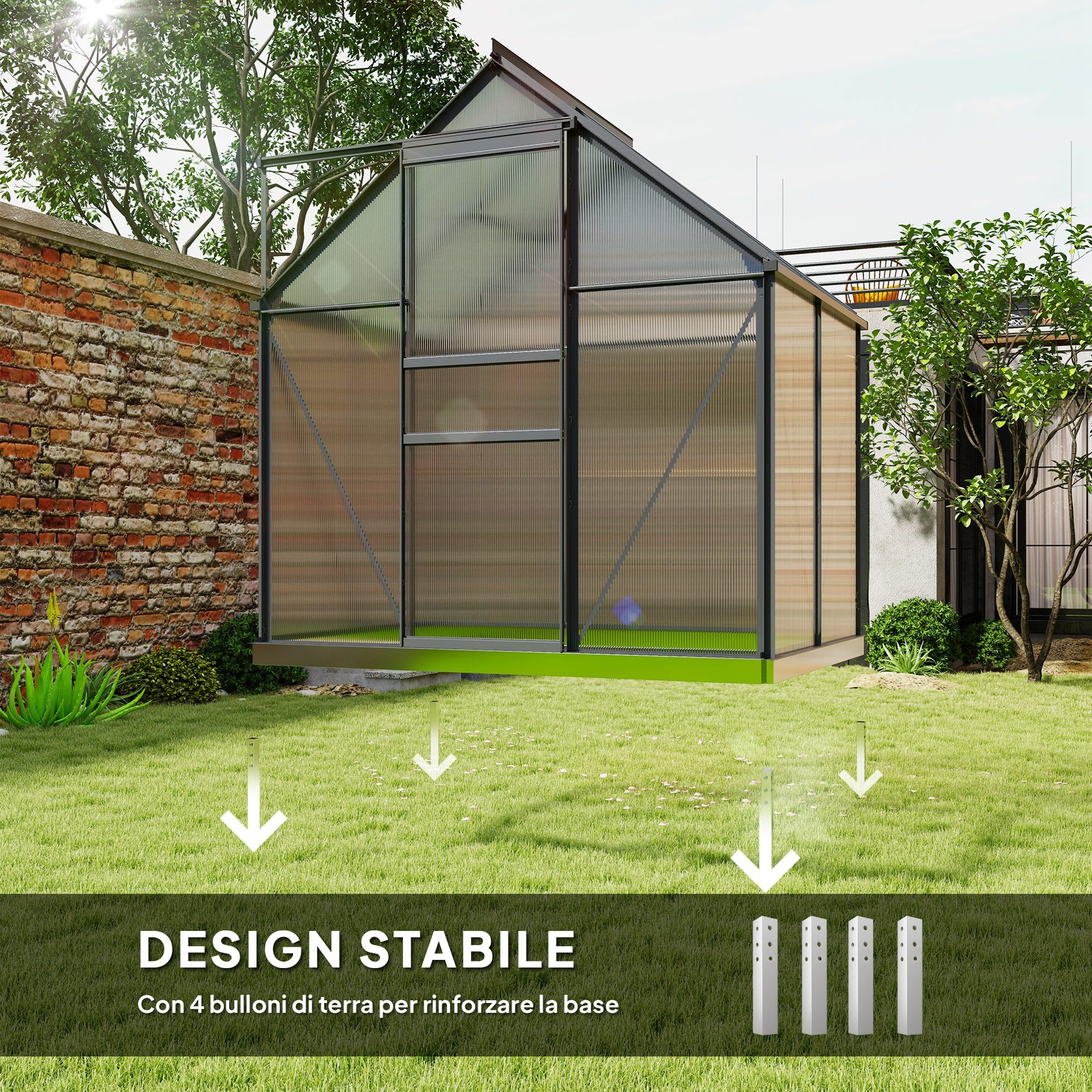 Outsunny Serre de jardin en polycarbonate avec cadre en alliage d'aluminium 2.5㎡, serre pour jardin avec fondation, gouttières, fenêtre de toit réglable, porte battante, pour plantes, anti-UV, gris