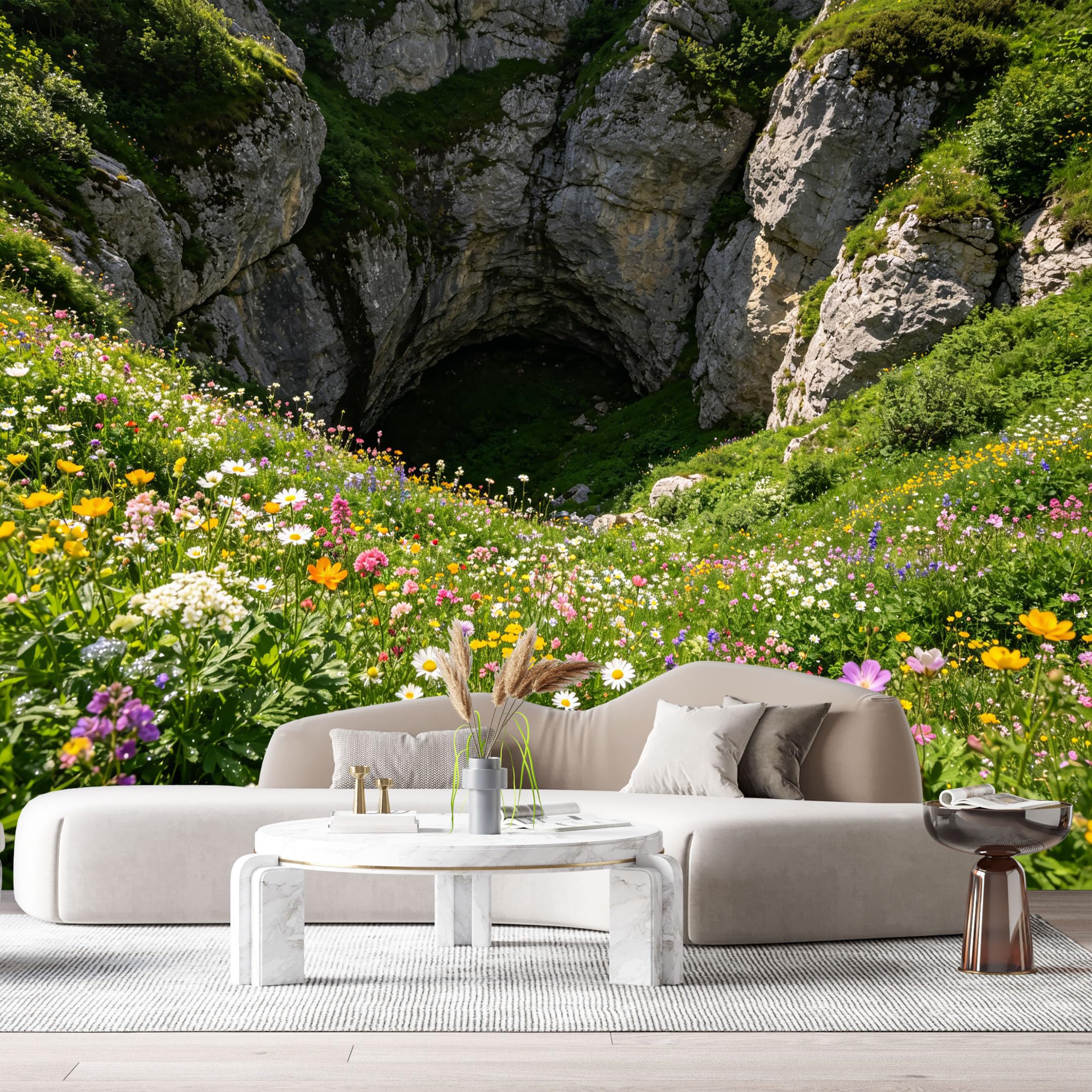 Custom Size Wall Murals Alpine Meadow Mountain Peak Wildflowers Botanical Landscape SelfAdhesive Wall Fabric Removable Large Wallpaper for Photo Living Room