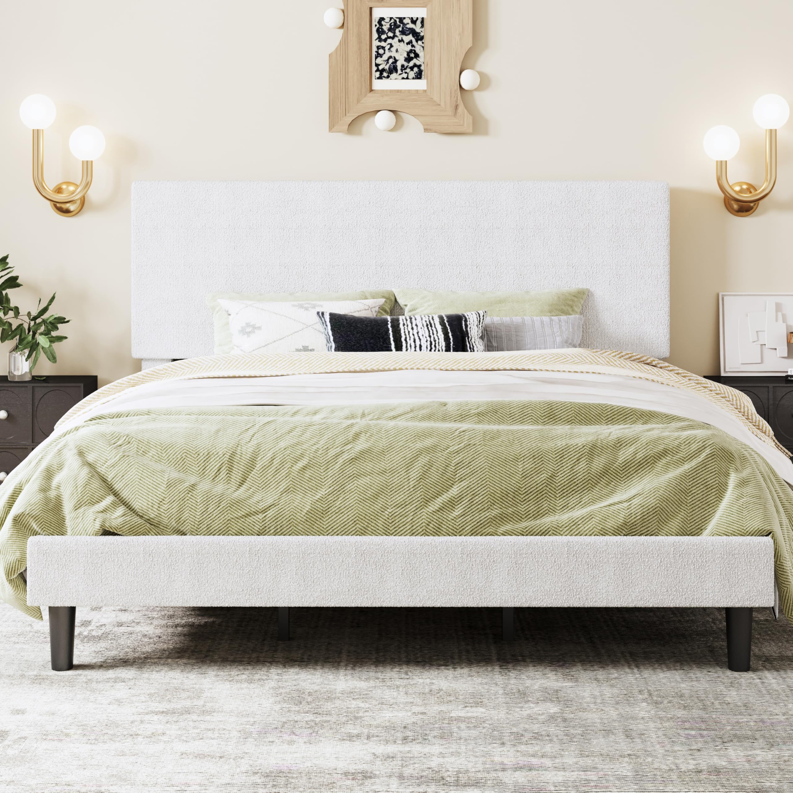 SHA CERLIN King Size Platform Bed Frame with Adjustable Headboard and Wooden Slats Support, Boucle Upholstered Mattress Foundation, No Box Spring Needed, Easy Assembly, Soft White