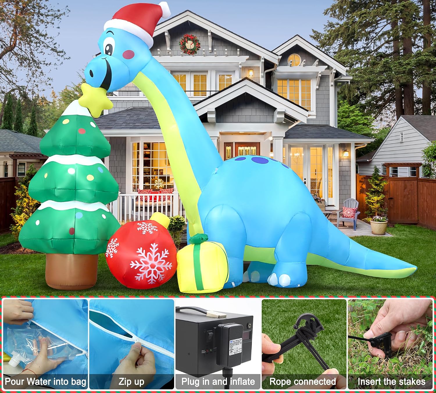 13.6 Ft Long Christmas Inflatable Decorations, Huge Xmas Inflatable Dragon Dinosaur with Trees Gift Hats Decors Built-in LED Lights Stakes Blow Up Yard Lawn Garden Party Santa Inflatables de Navidad