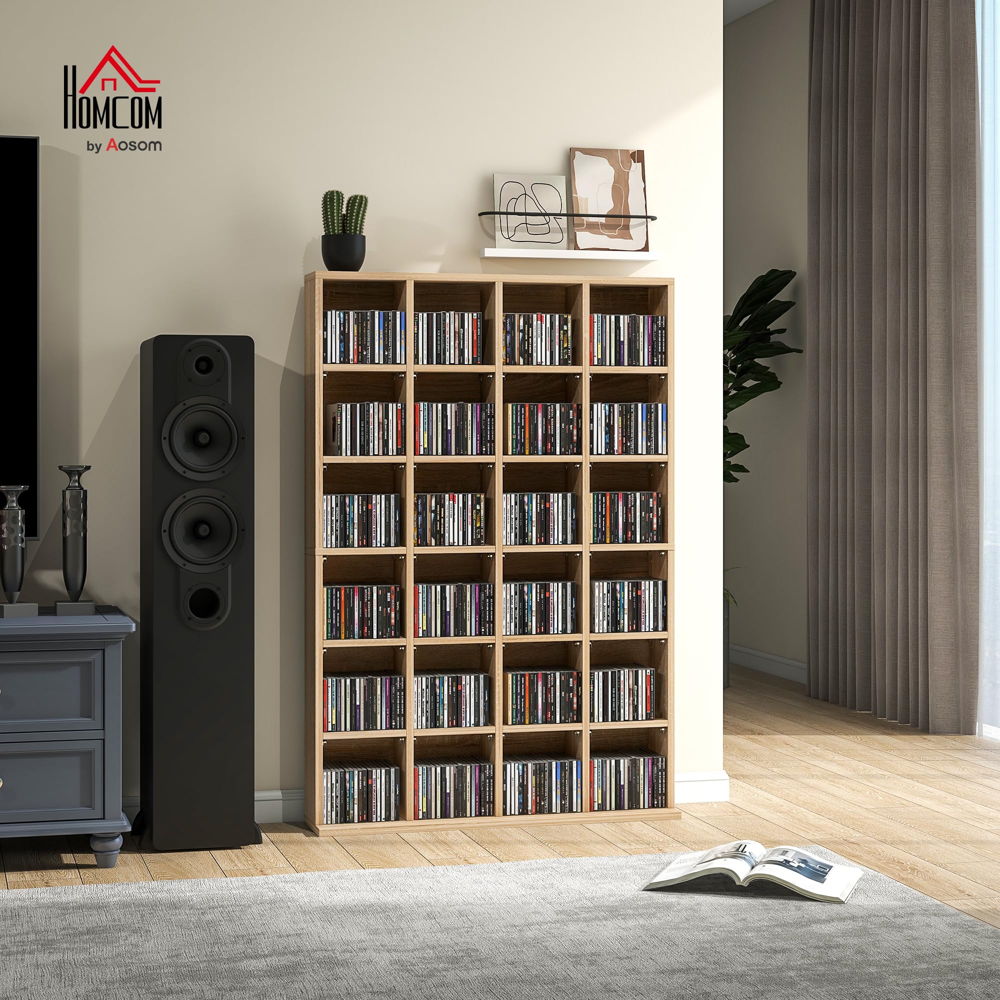 HOMCOM Rangements pour CD et DVD, Meuble de Rangement multimédia avec 24 Compartiments, capacité Max. 456 CD/ 336 DVD, bibliothèque en Bois avec étagères réglables, 89 x 20 x 130,5 cm, Bois Naturel