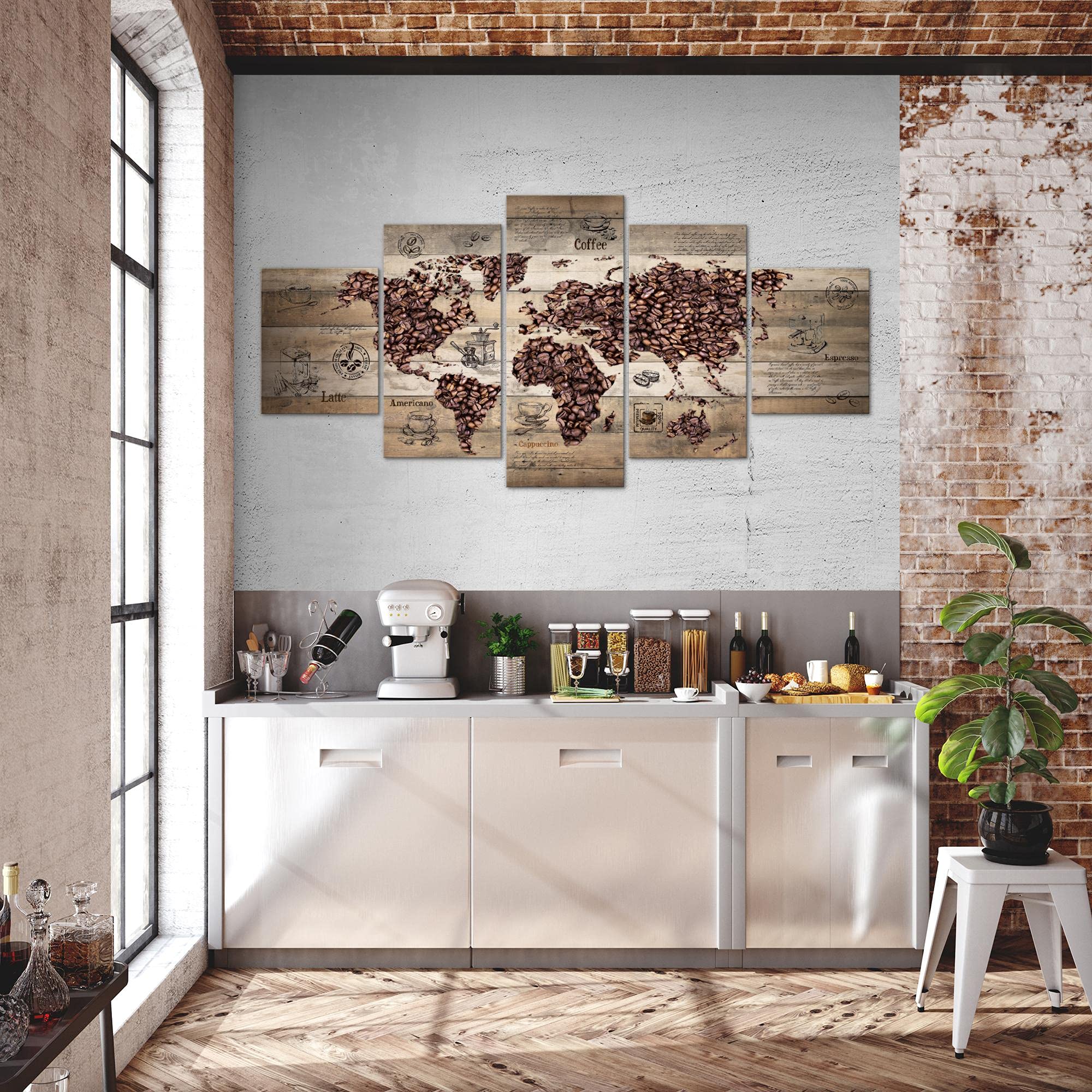 Runa Art - Tableau Café De Cuisine 200 x 100 cm 5 parties XXL Decoration Murale Dessin Brun beige 037951b